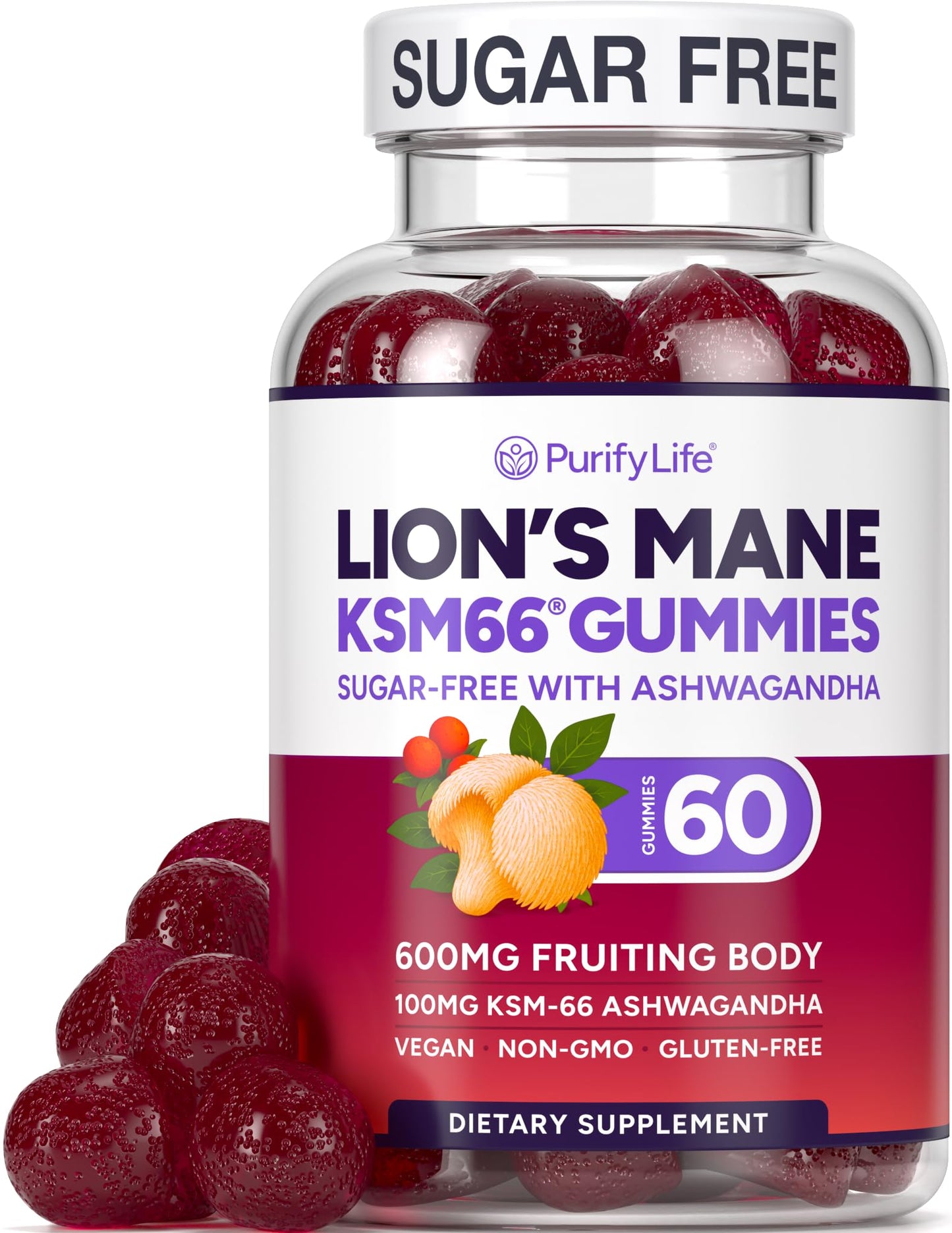 Purify Life Lions Mane Supplement with KSM-66 Ashwagandha 60 Gummies