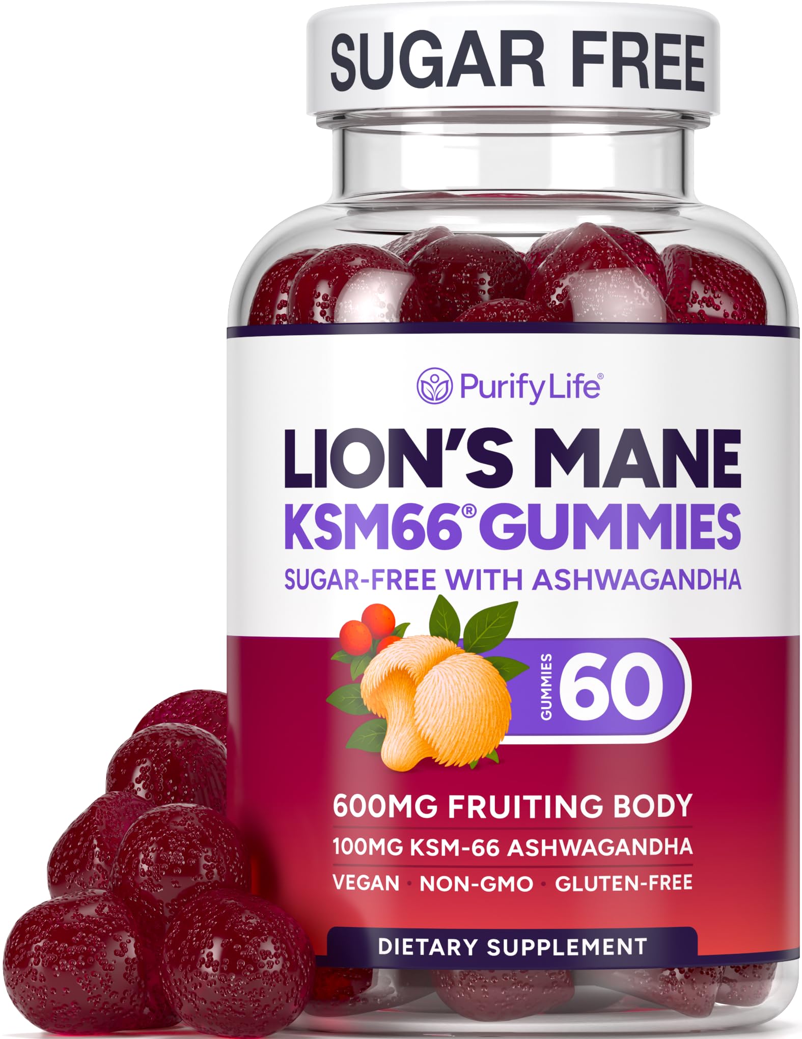 Purify Life Lions Mane Supplement with KSM-66 Ashwagandha 60 Gummies