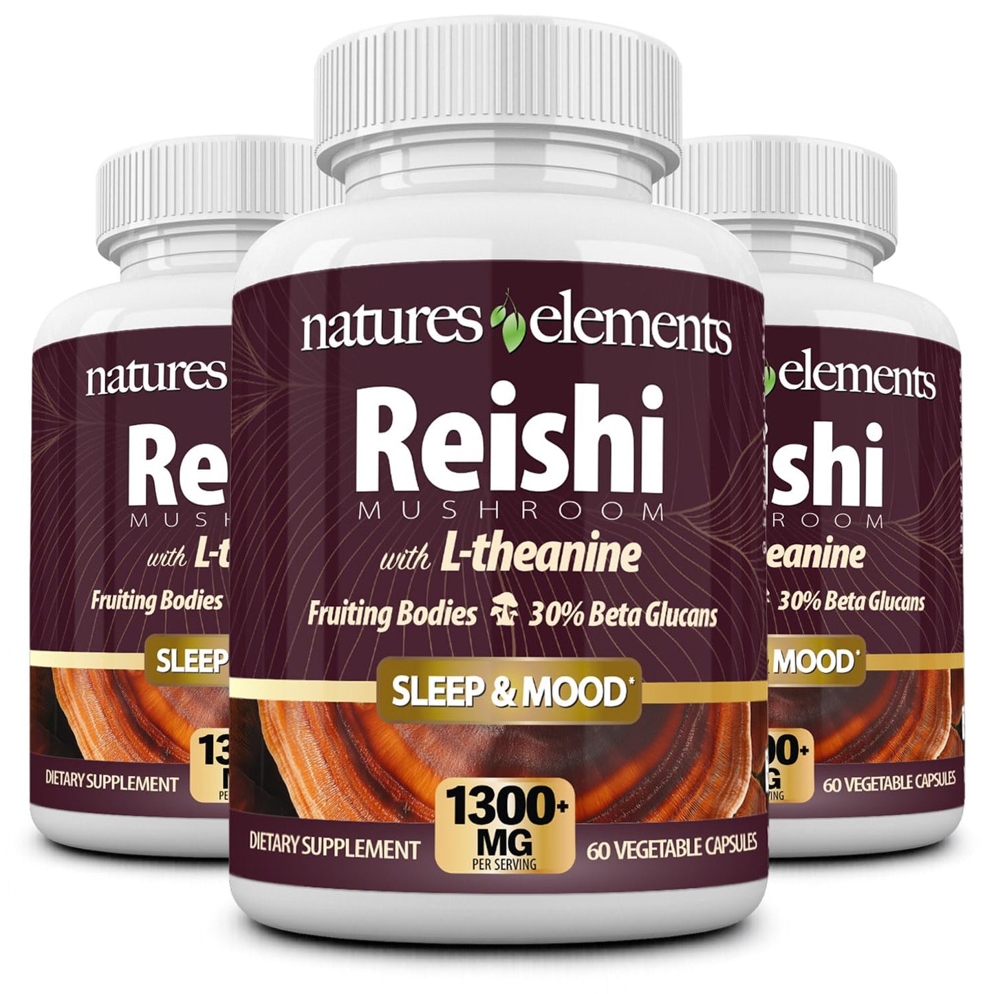 Natures Elements Reishi Mushroom Supplement for Sleep & Mood Support 1000mg 10:1 Extract (30% Beta Glucans) Advanced Complex with L-Theanine, Magnesium & Apigenin 180 Tablets