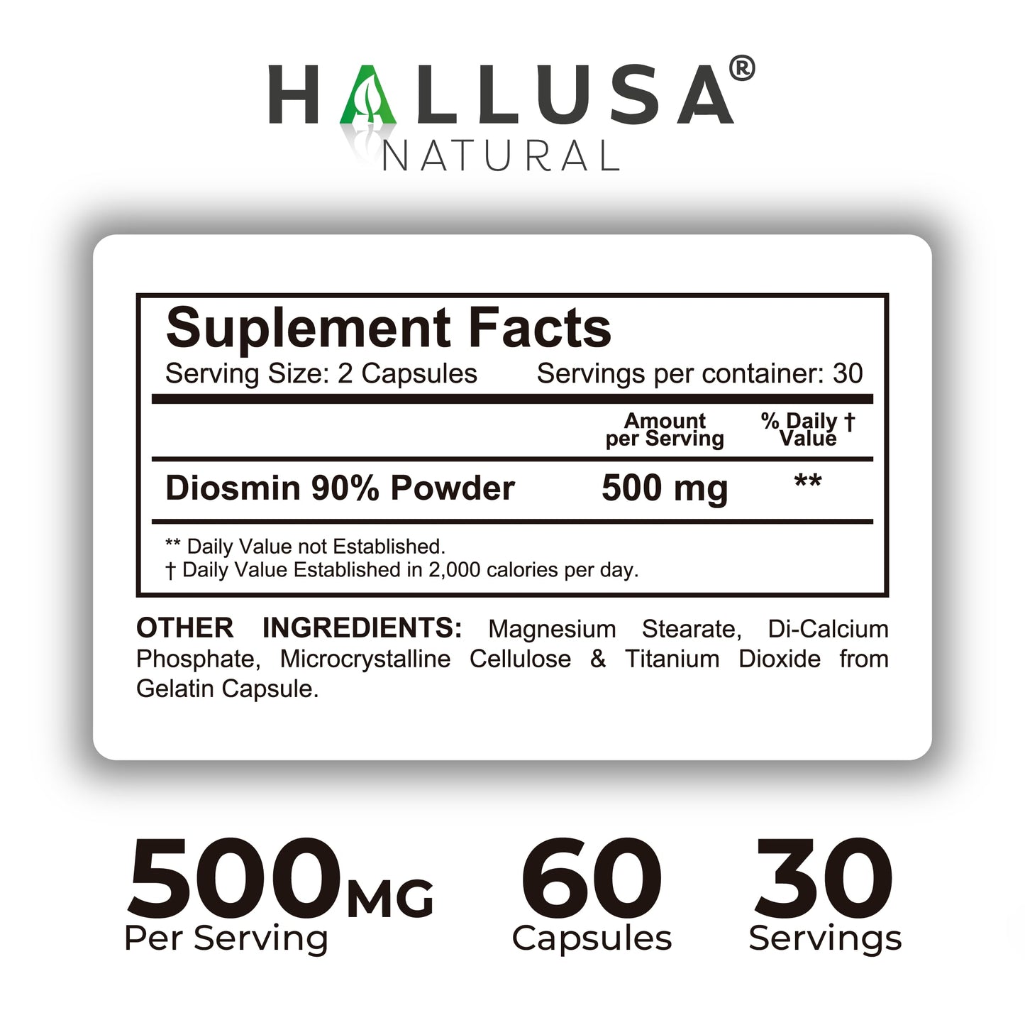 Hallusa Natural Hallosmine Plus Diosmin 500 mg Supplement, 120 Capsules