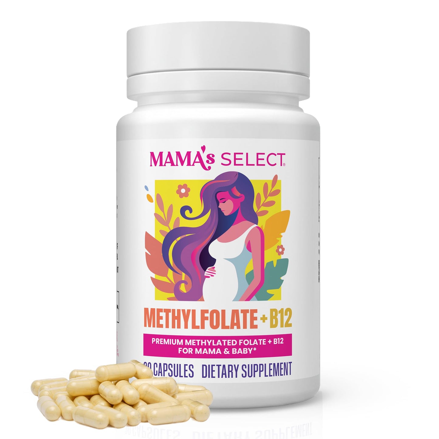 Mama's Select Methylfolate + B12 for Pregnancy & Breastfeeding – 5-MTHF Folate + Methylcobalamin – Supports Baby’s Brain Development & Healthy Folate Levels – MTHFR Friendly – Vegan 30 Capsules