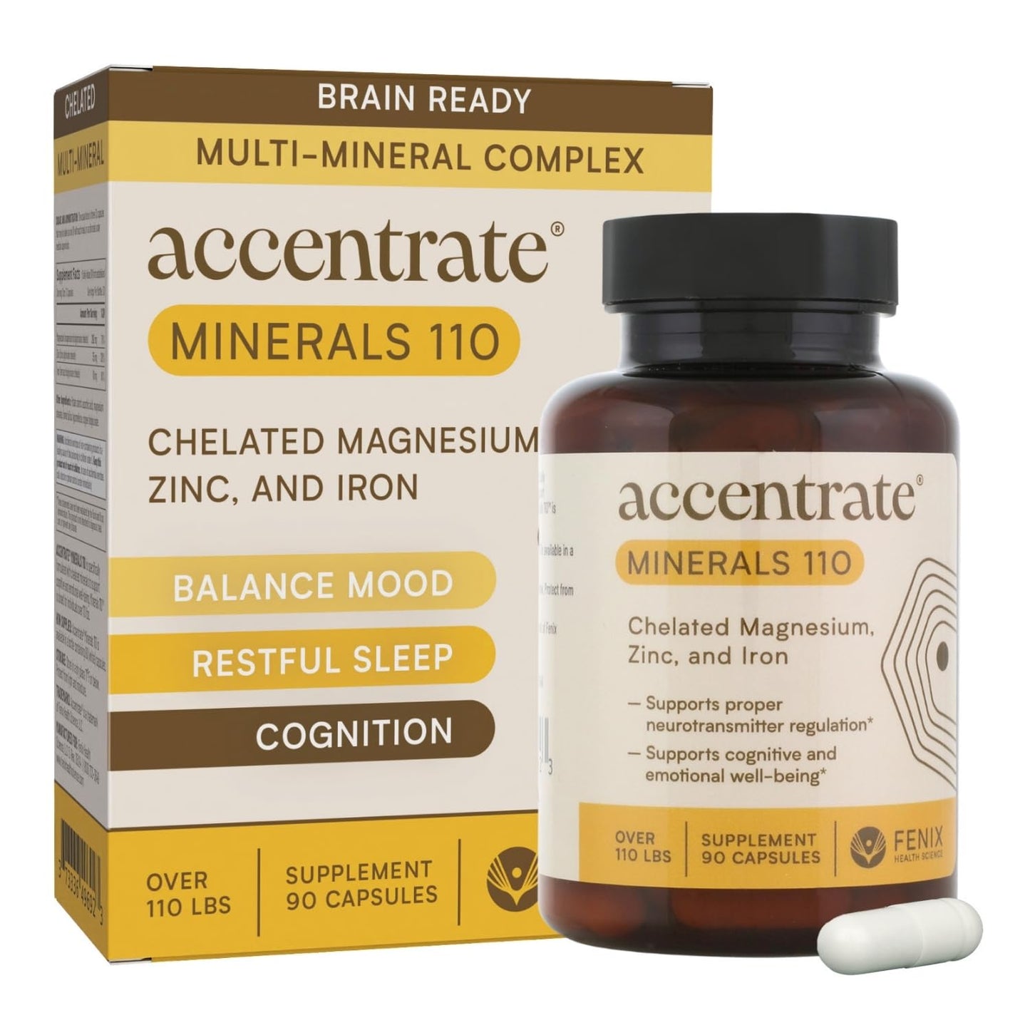 Accentrate Minerals 110 Brain Ready Nutrition for Teens and Adults – Chelated Magnesium, Zinc, Iron – Mental Wellness Mineral Supplement for Focus, Mood & Brain Support – 90 Capsules
