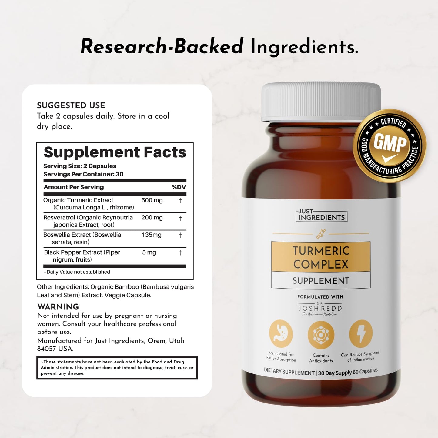 JUST INGREDIENTS Turmeric Complex Supplement Organic Turmeric Extract with Resveratrol, Boswellia & Black Pepper, 60 Capsules