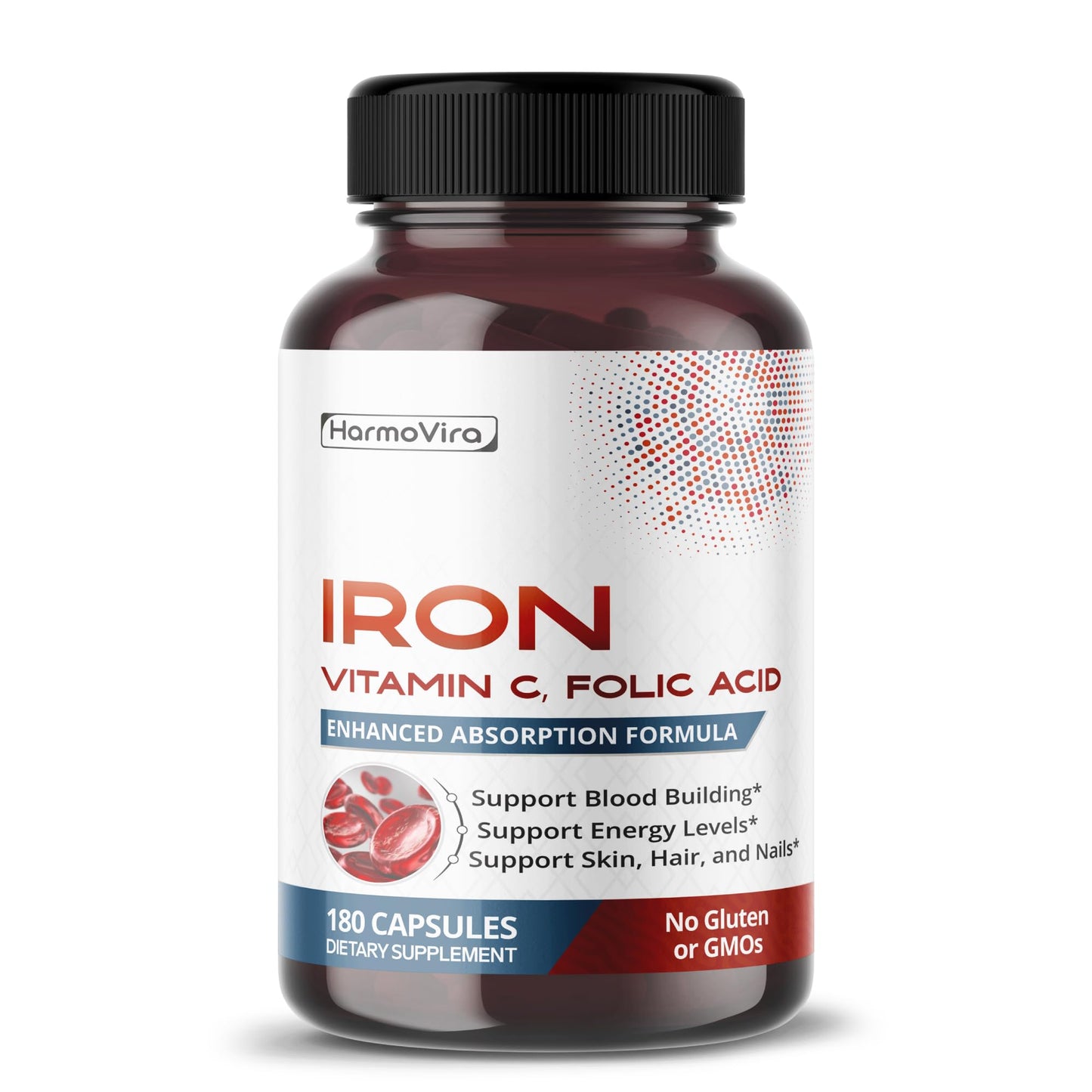 HarmoVira Liposomal Iron with Vitamin C, Folic Acid, B12, B6, B1 180 Capsules