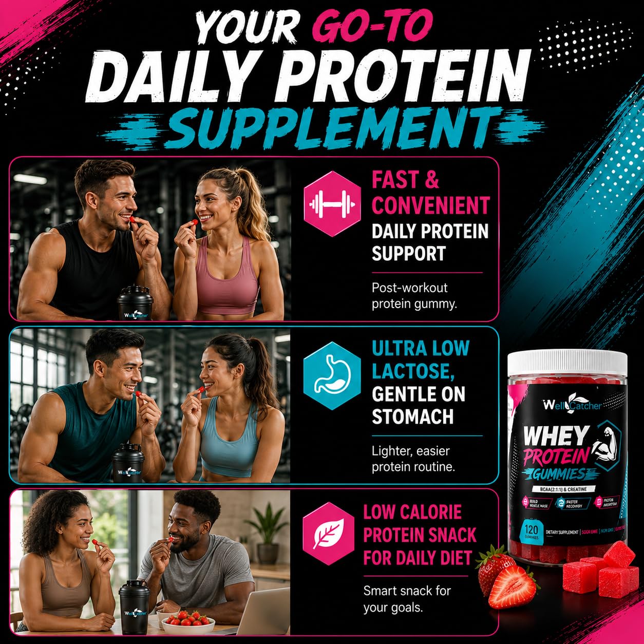 Wellcatcher Whey Protein Isolate Gummies with BCAA & Creatine, Sugar-Free Pectin Protein Gummies, Strawberry Flavor, 15 Gummies