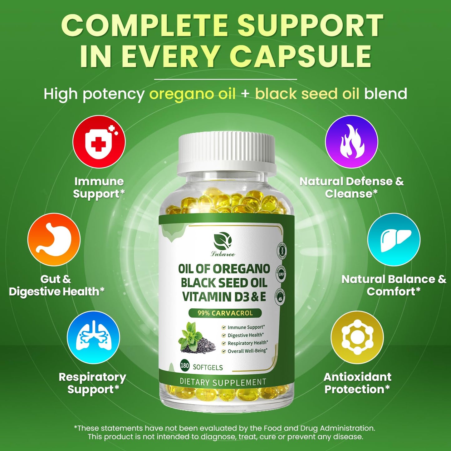 Lukaree Organic Oregano Oil Softgels with Black Seed Oil, 99% Carvacrol, 5-in-1 with Vitamin D3, E & Black Pepper, 360 Softgels