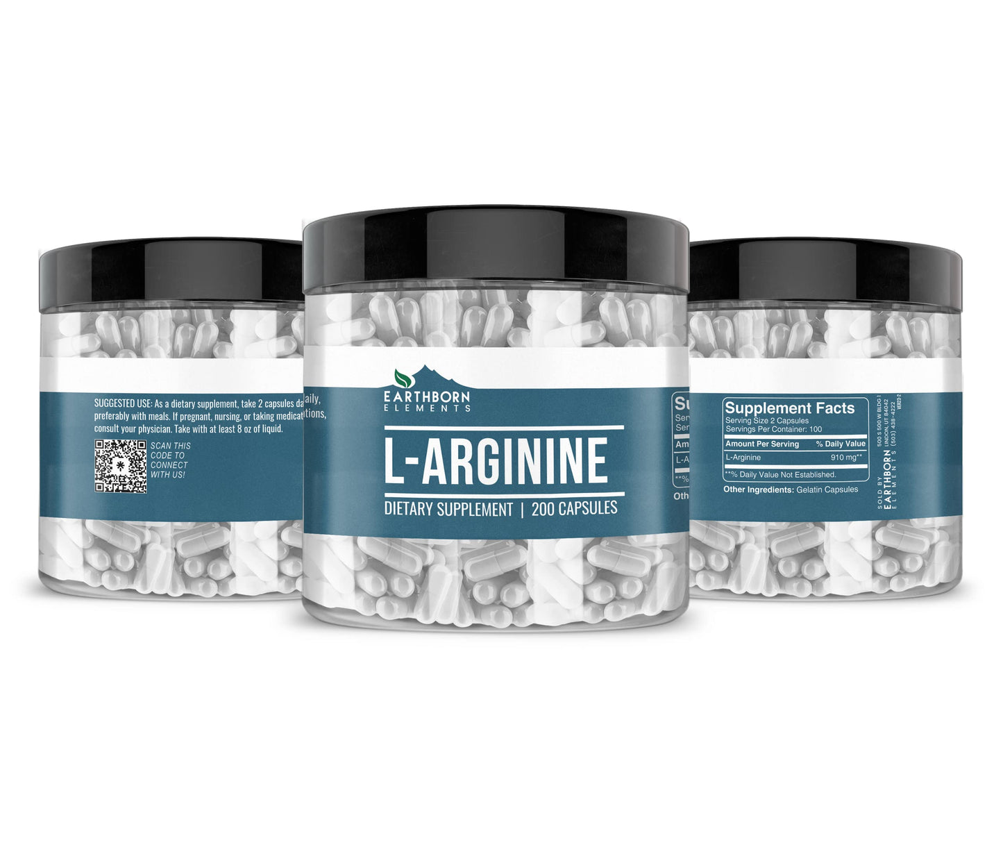 Earthborn Elements L-Arginine Pure & Undiluted, No Additives, Capsules, 200 Count