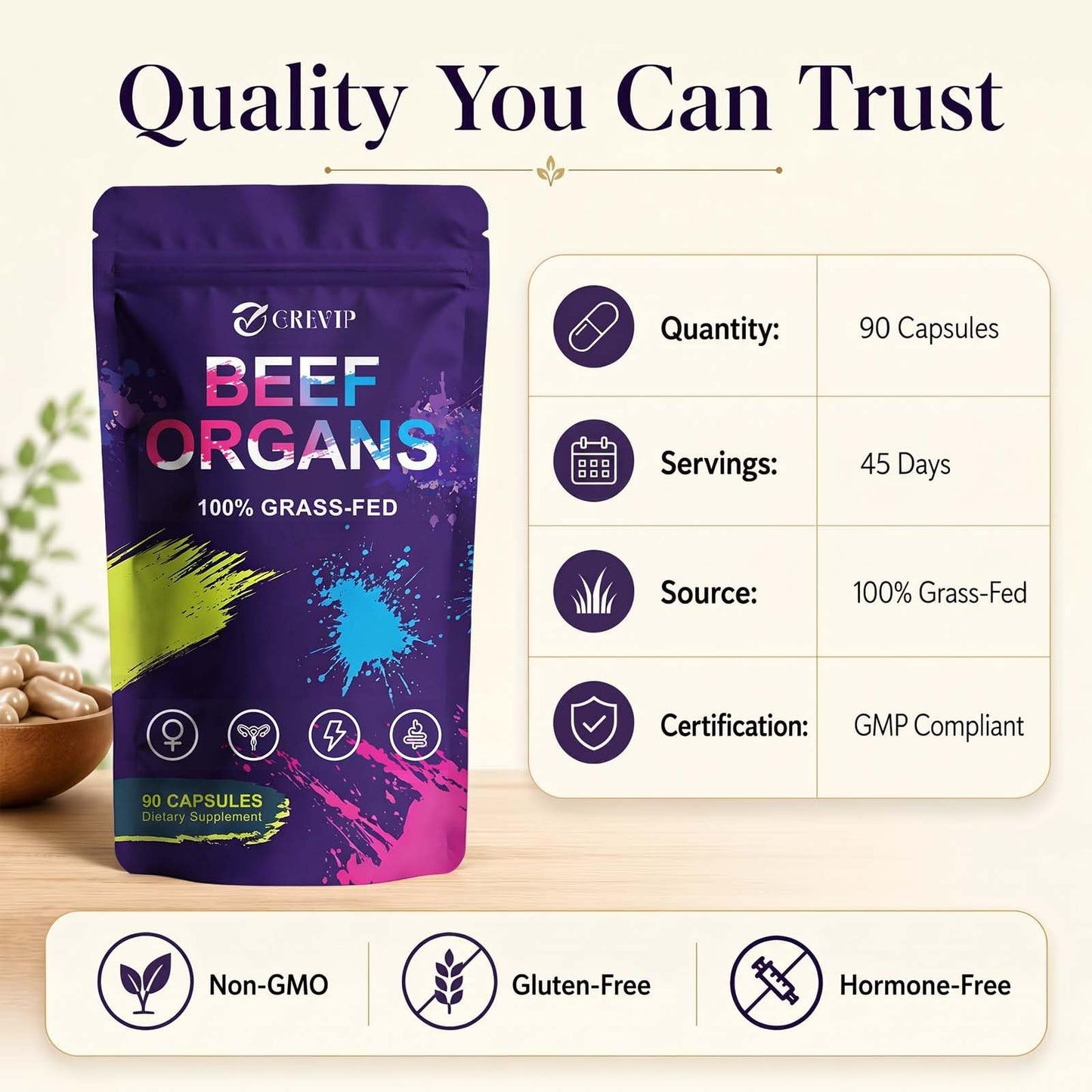 GREVIP Beef Organ Supplement for Women Capsules, 90 Count