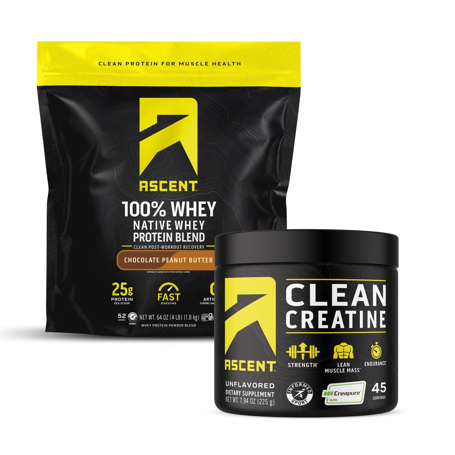 Ascent 100% Whey Protein Powder & Creatine Monohydrate Powder, 2-Pack