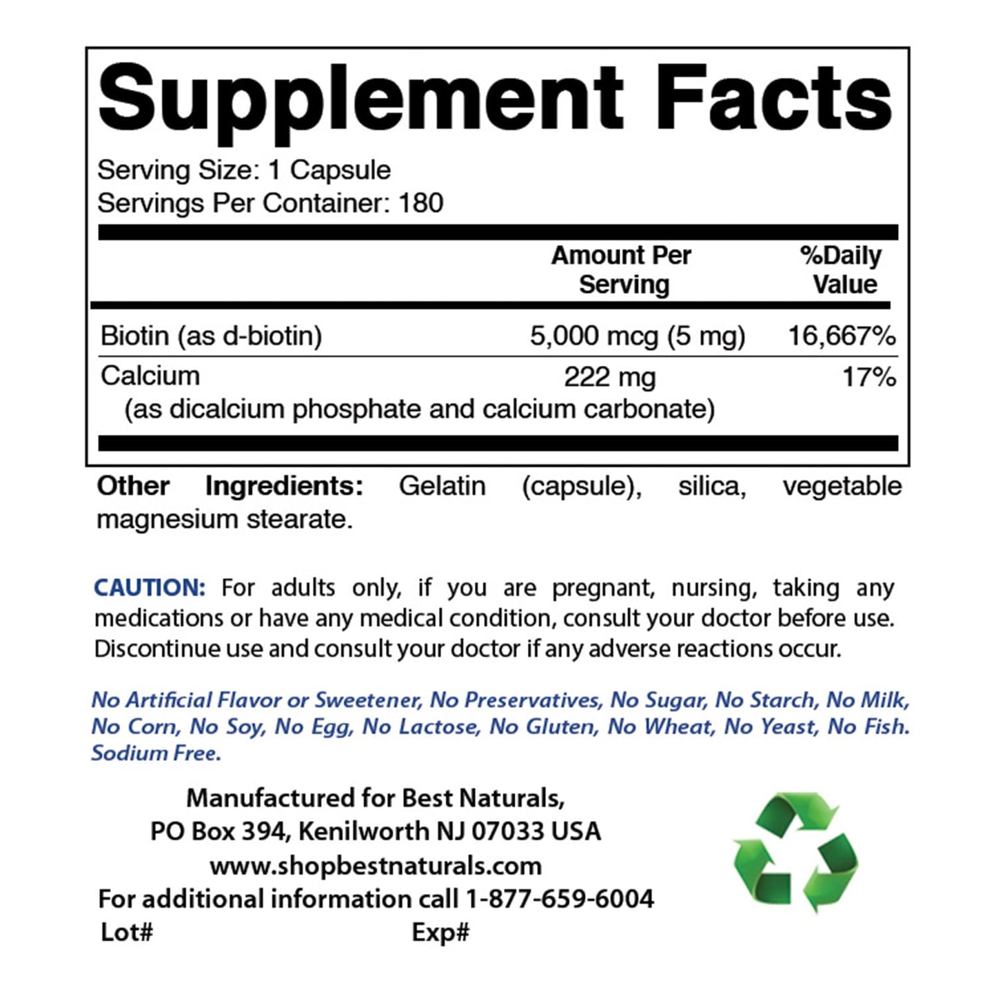 Best Naturals Biotin 5 mg Capsule, 180 Count