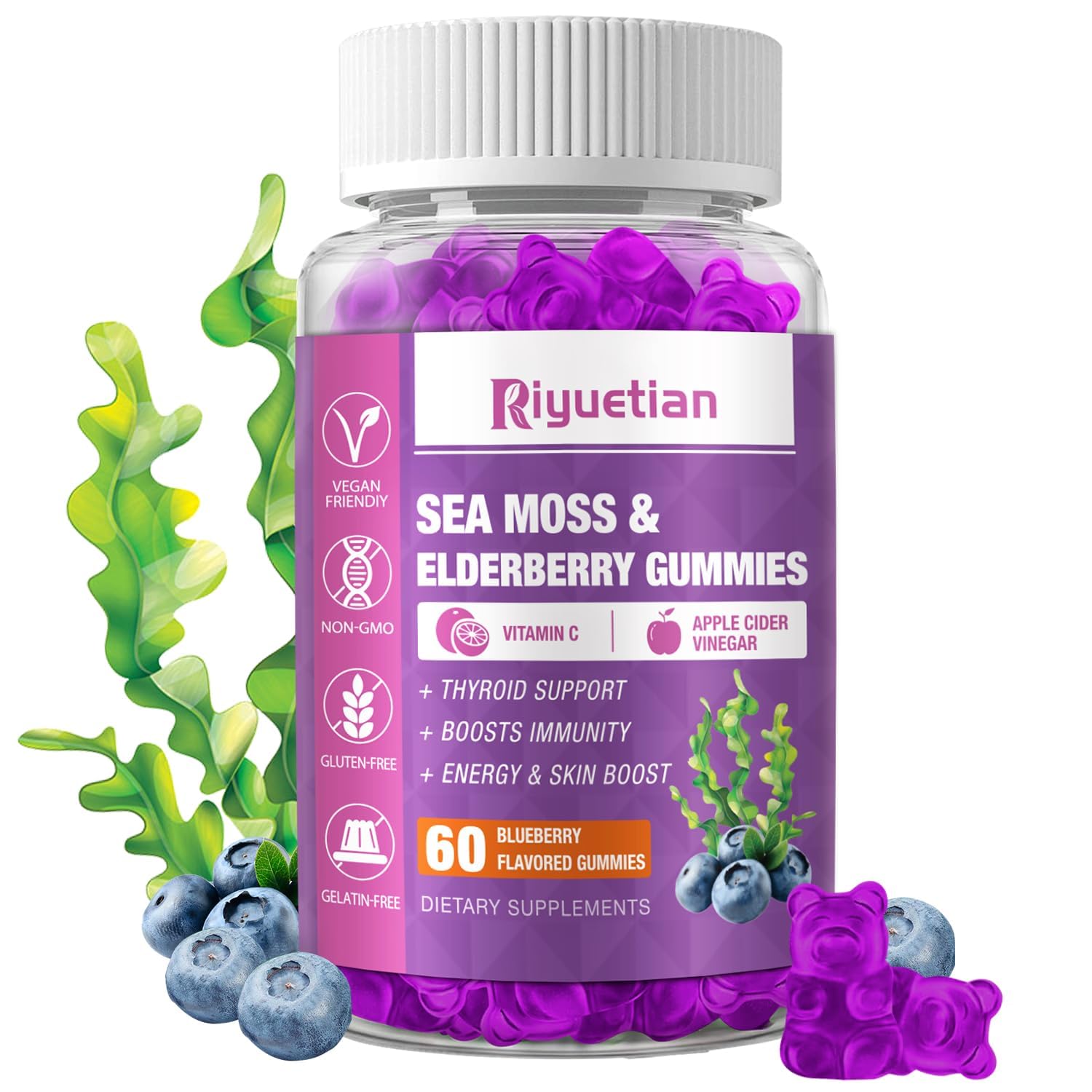 Riyuetian Sea Moss Gummies & Elderberry Vitamin C + Zinc – Immune & Thyroid Support Booster Gummy Bears, 60 Count