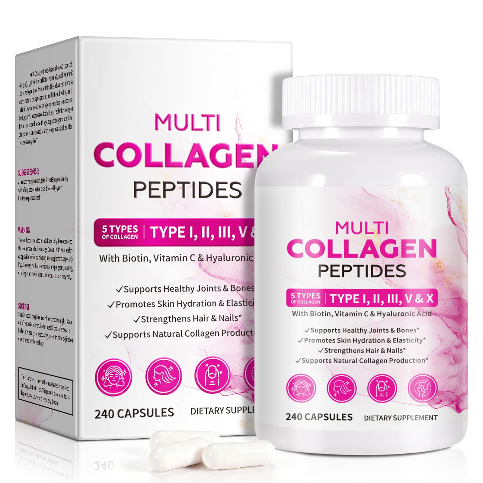 KITNOBLIS Collagen Capsules with Multi-Type Hydrolyzed Collagen Peptides, Biotin, Vitamin C & Hyaluronic Acid, 240 Capsules