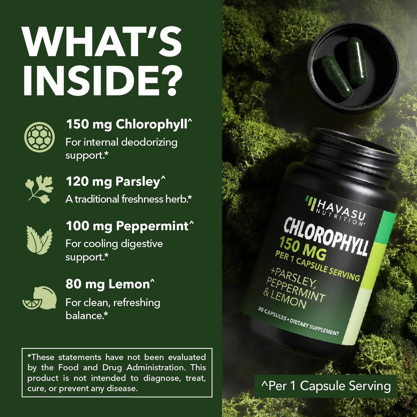 HAVASU NUTRITION Chlorophyll Capsules 150mg per Serving with Parsley, Peppermint & Lemon, 30 Capsules