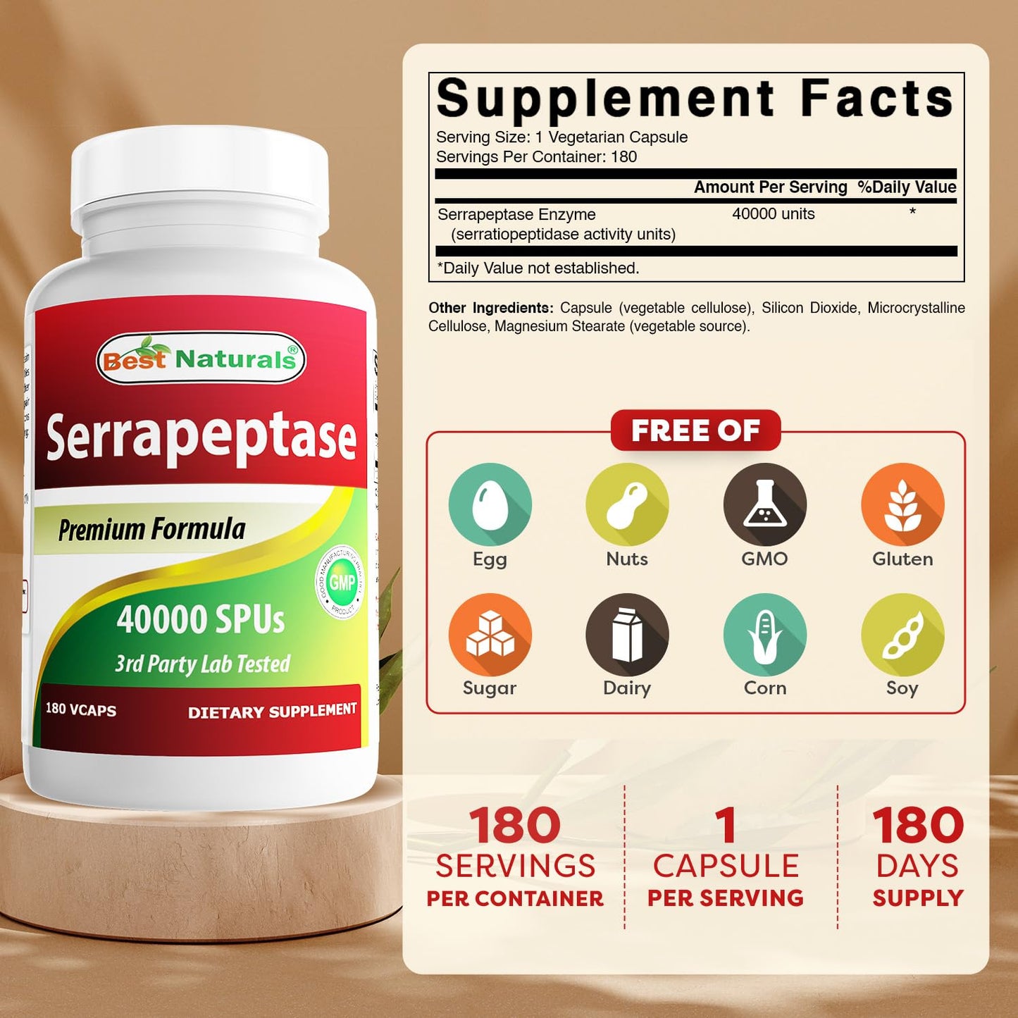 Best Naturals Serrapeptase 40000 SPUs Capsule, 180 Capsules