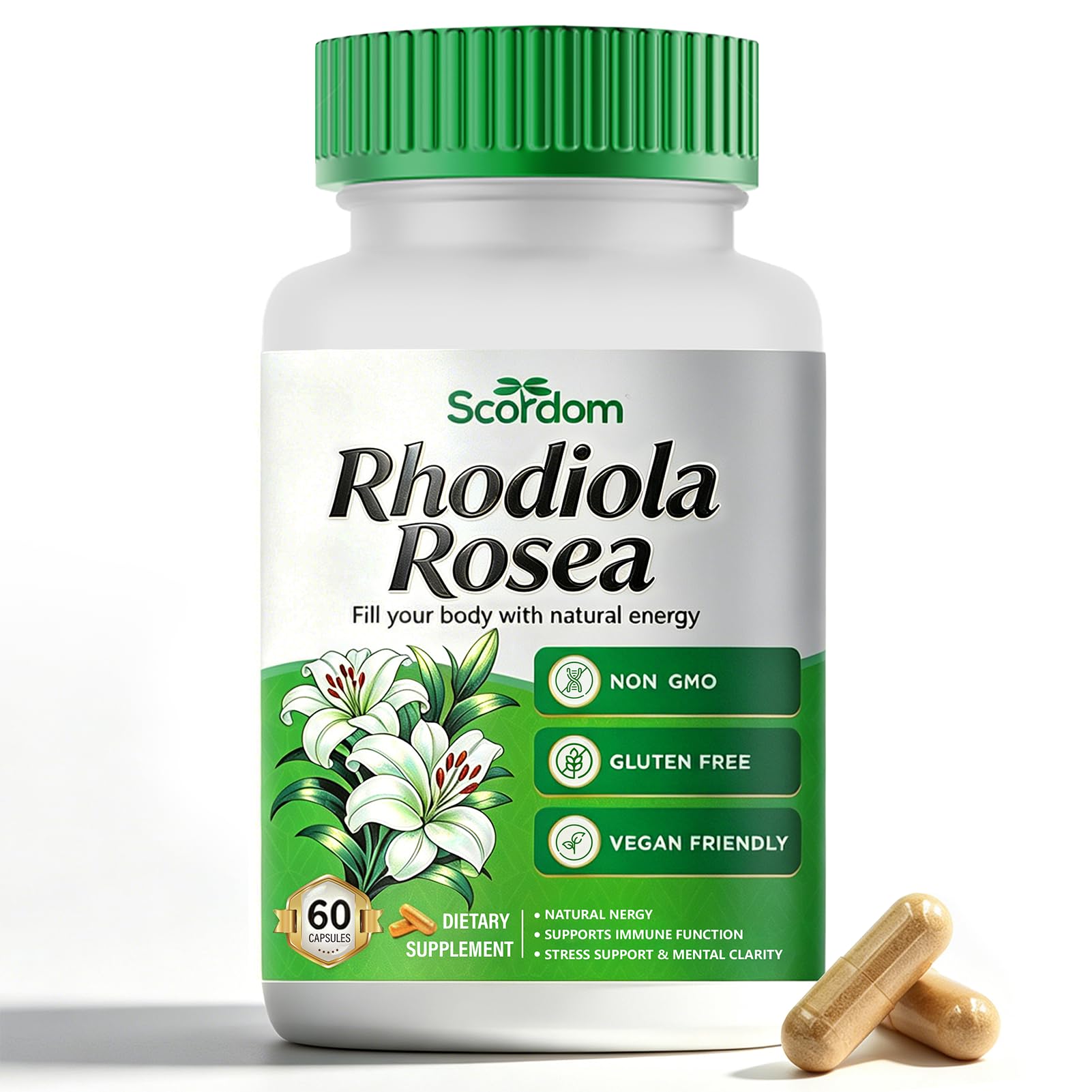 SCORDOM Rhodiola Rosea Supplement –Rhodiola Rosea Extract Powder Alternative with Salidroside for Stress Support - Energy, Focus & Performance Capsule 1