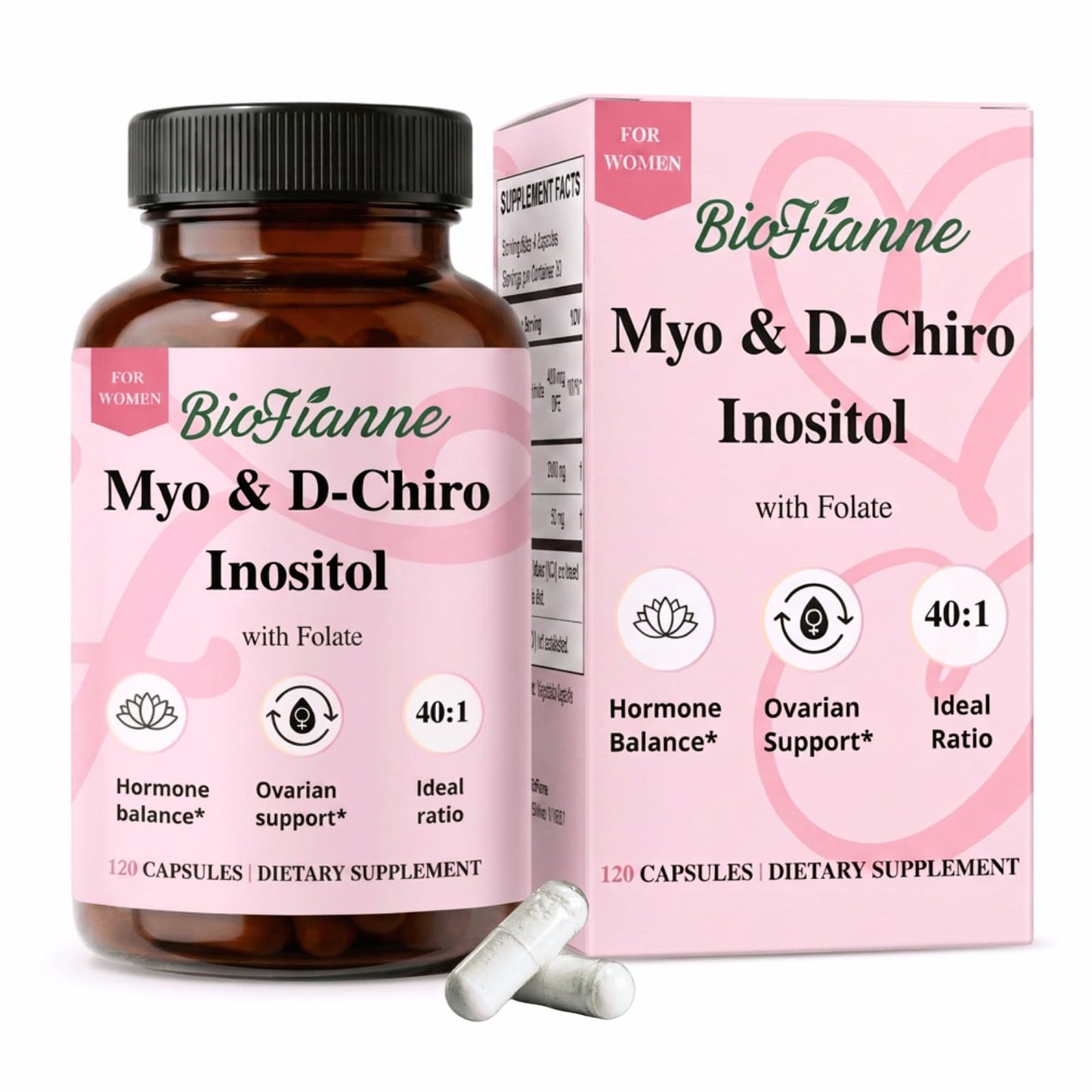BioFianne Myo-Inositol & D-Chiro Inositol Supplement for Women, 40:1 Ratio Ideal Capsule, 120 Count