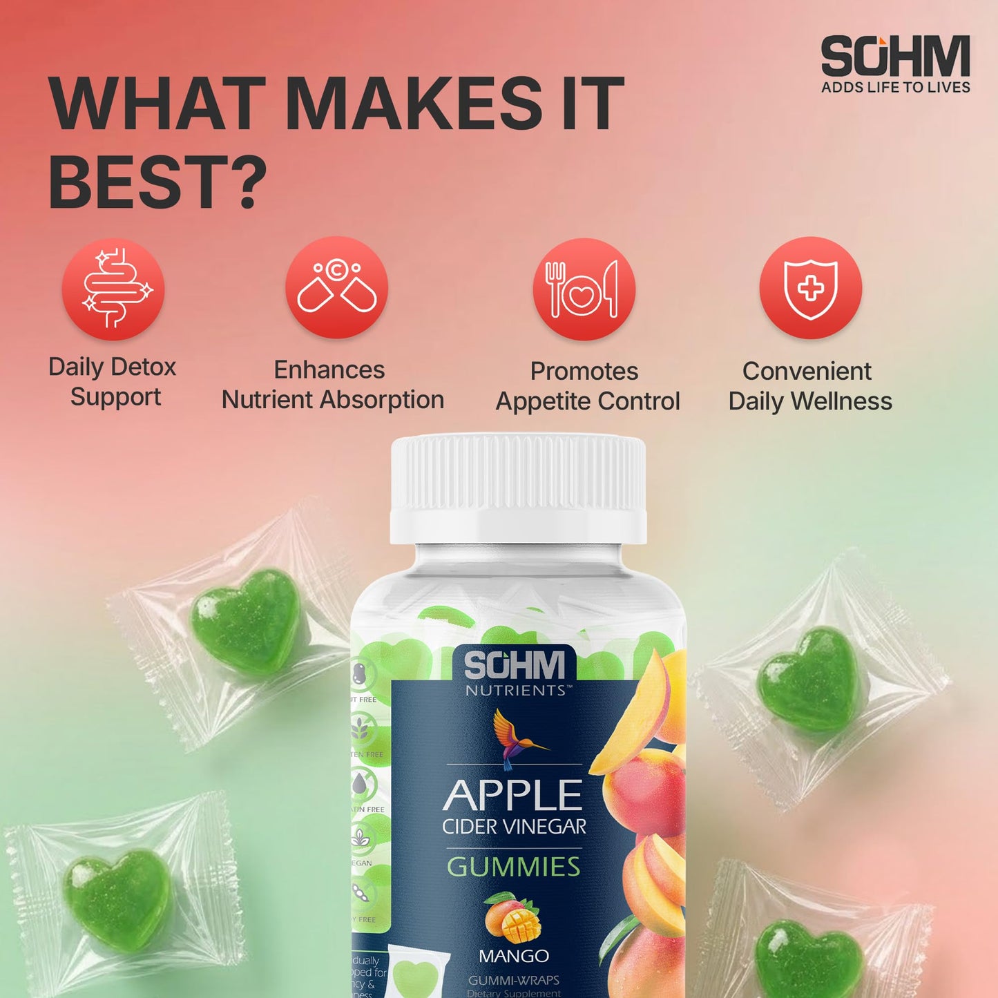 SOHM ADDS LIFE TO LIVES Apple Cider Vinegar Gummies 500 mg, 60 Gummies