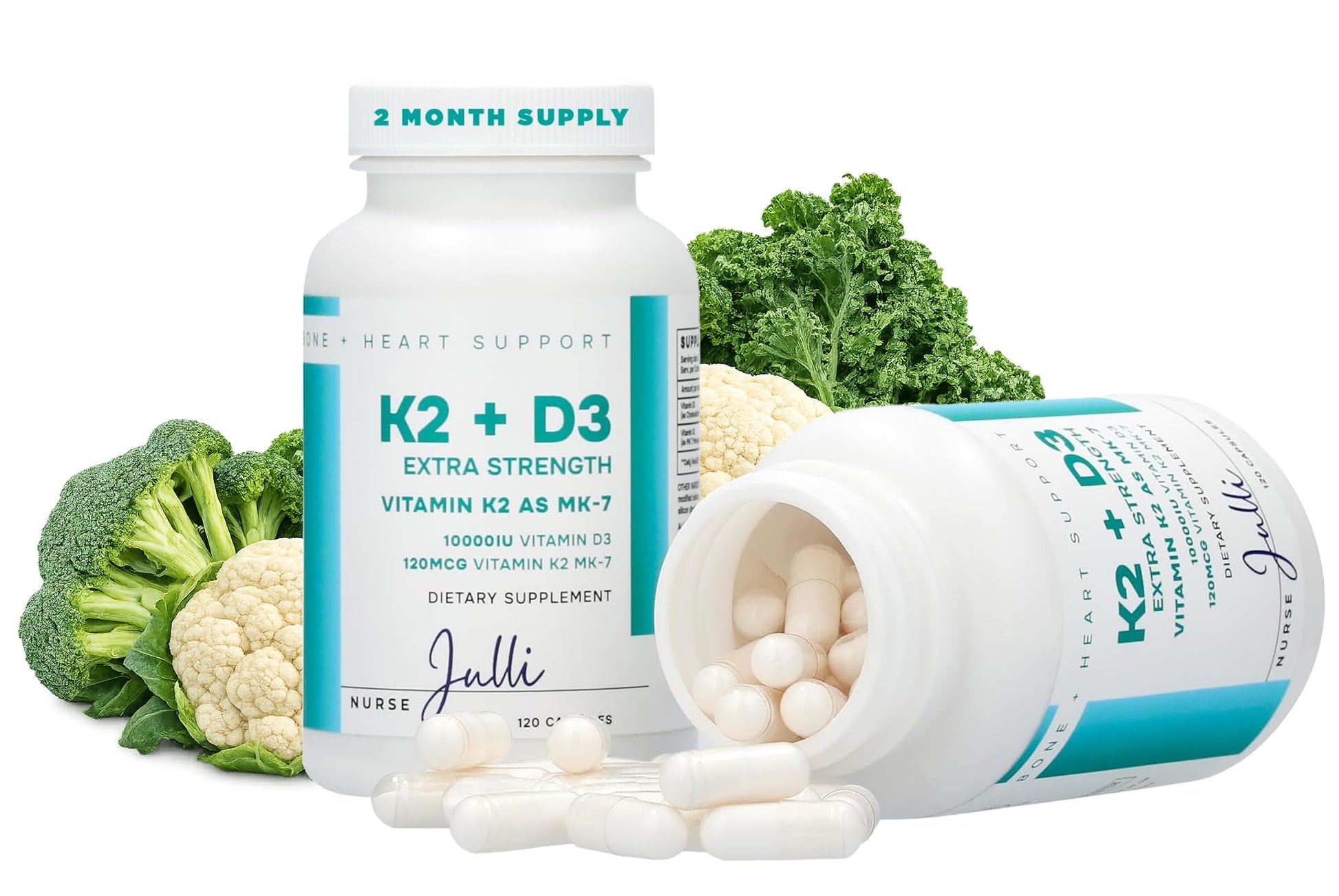 Nurse Julli Vitamin K2 + D3 Extra Strength Supplement Capsules - 120 Count