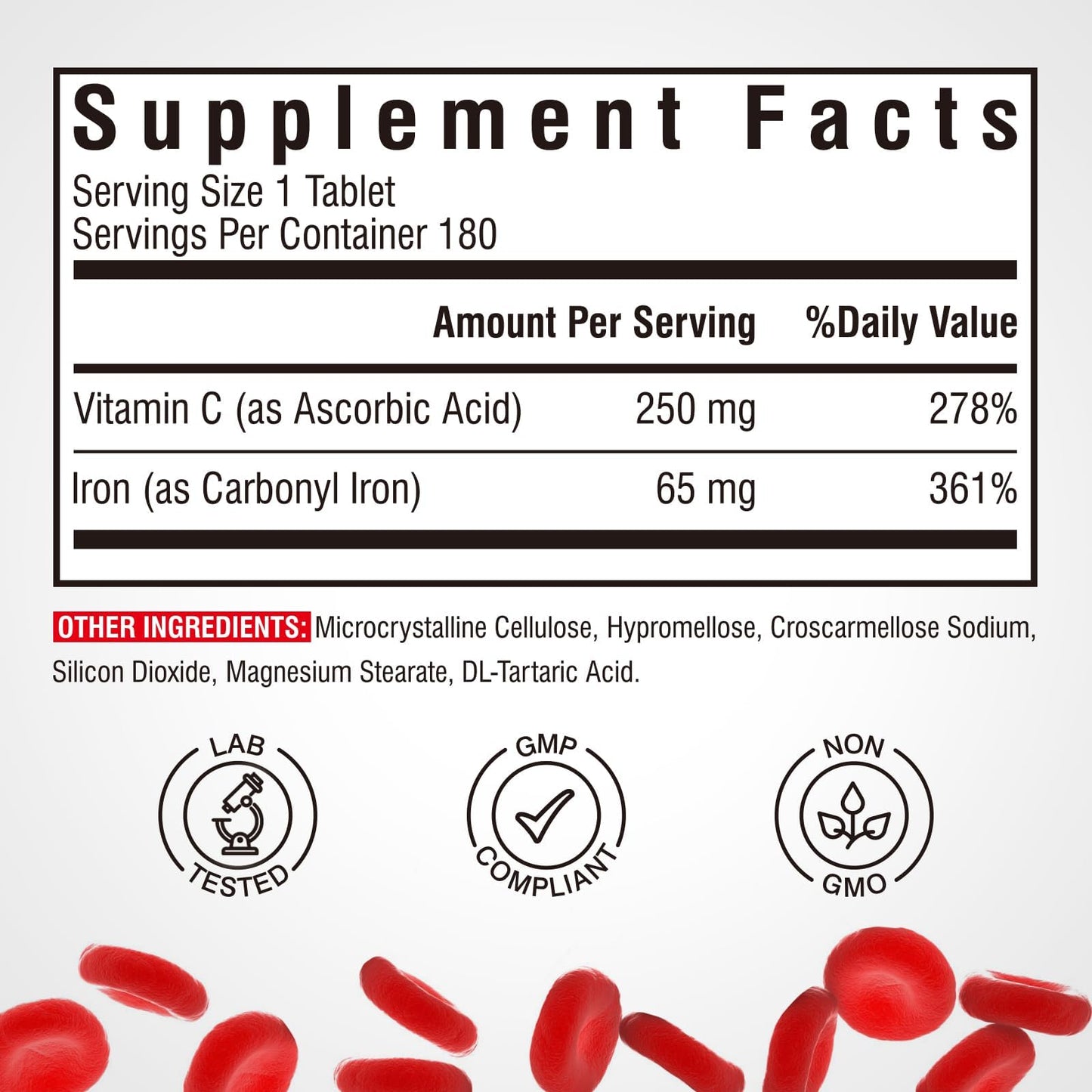 Vitalibre Iron Supplement Tablet 65mg Carbonyl Iron with 250mg Vitamin C, 180 Tablets
