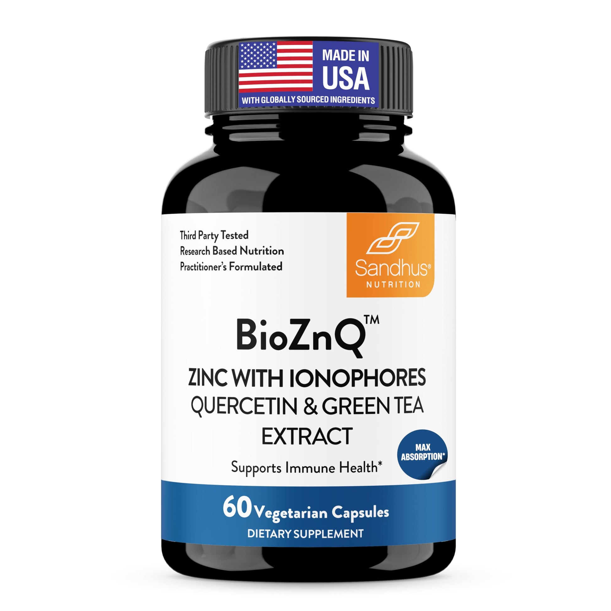 Sandhu's Zinc Supplement with Ionophores, Quercetin & Green Tea Extract 800mg Capsule, 60 Count