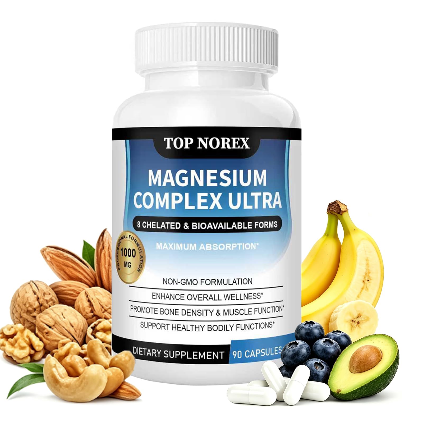 Top Norex Magnesium Complex Ultra - 8 Elemental 1000mg Magnesium Blend, Easy Absorption, 90 Capsules, 1 Count