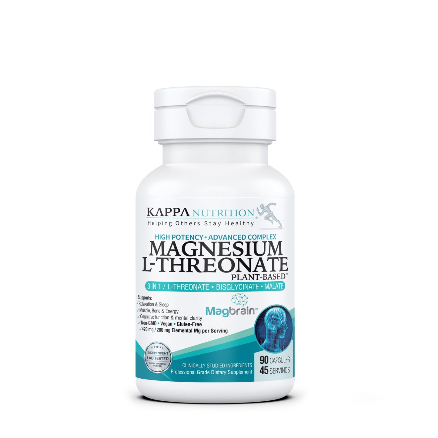 Kappa Nutrition Magnesium L-Threonate 3 in 1 Powered by Magbrain Plant-Based Capsules, 90 Count
