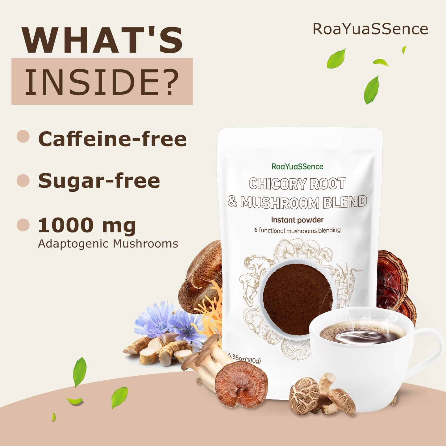 RoaYuaSSence Chicory Root and Mushroom Blend 6 Functional Mushrooms Powder 6.35