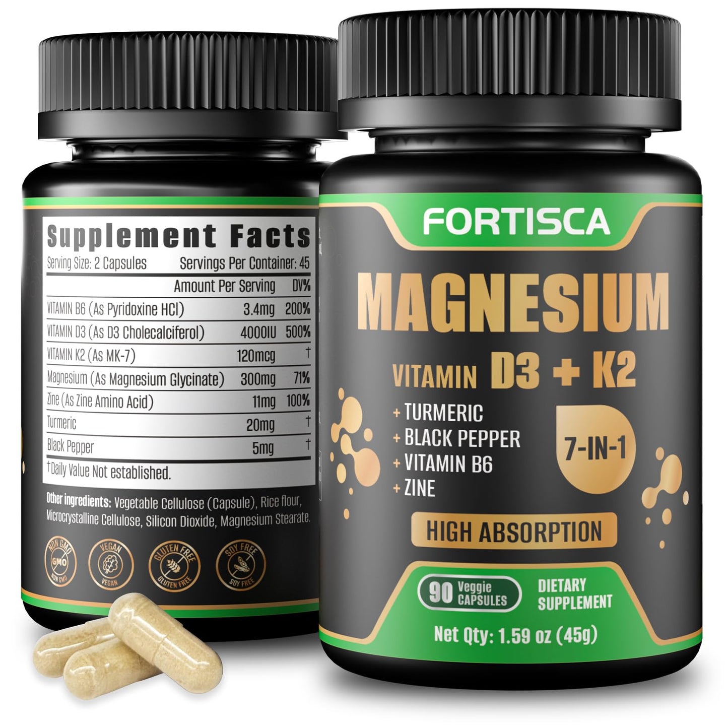 FORTISCA Magnesium Glycinate 7 in 1 4000 IU D3 K2 High Absorption Magnesium Supplement Capsules, 90 Count