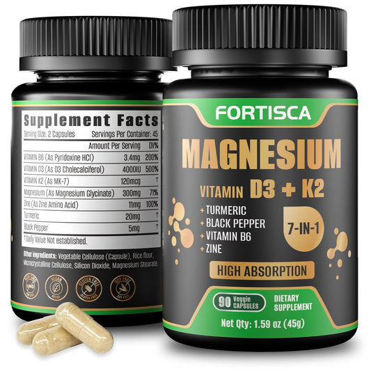 FORTISCA Magnesium Glycinate 7 in 1 4000 IU D3 K2 High Absorption Magnesium Supplement Capsules, 90 Count