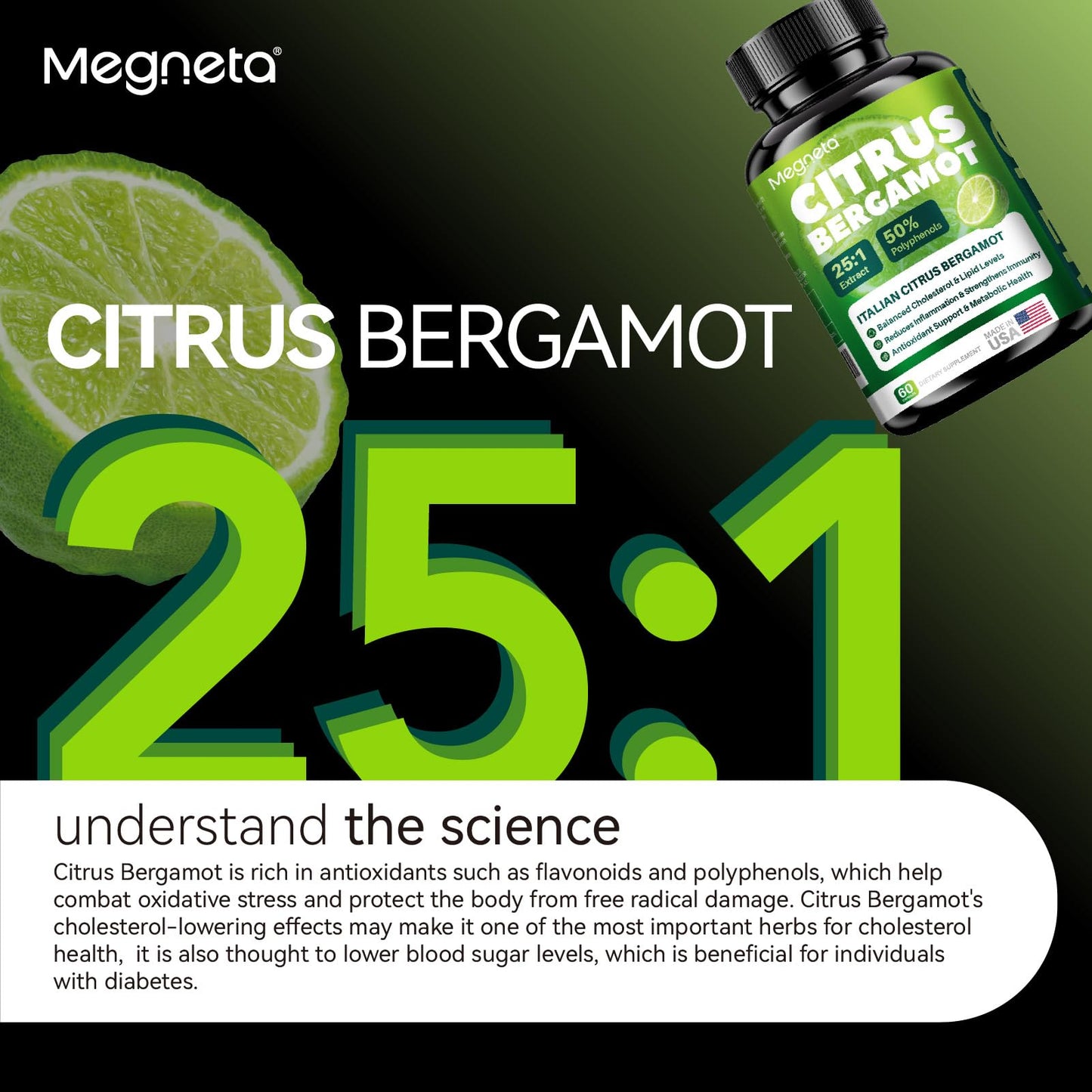 MEGNETA Citrus Bergamot Supplement – Antioxidant & Daily Wellness Support – Vegan – 60 Capsules