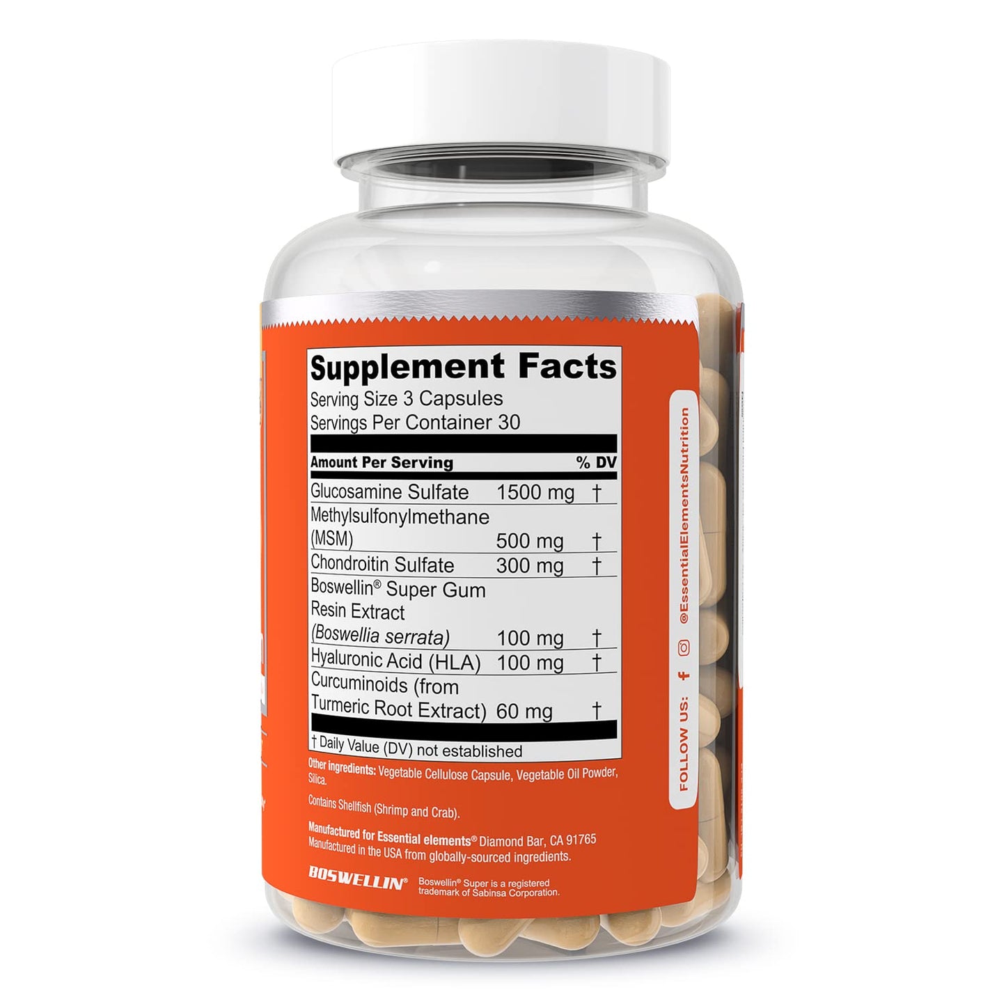 Essential Elements Glucosamine Chondroitin MSM Boswellia Serrata Hyaluronic Acid Joint Support Supplement Capsules 180