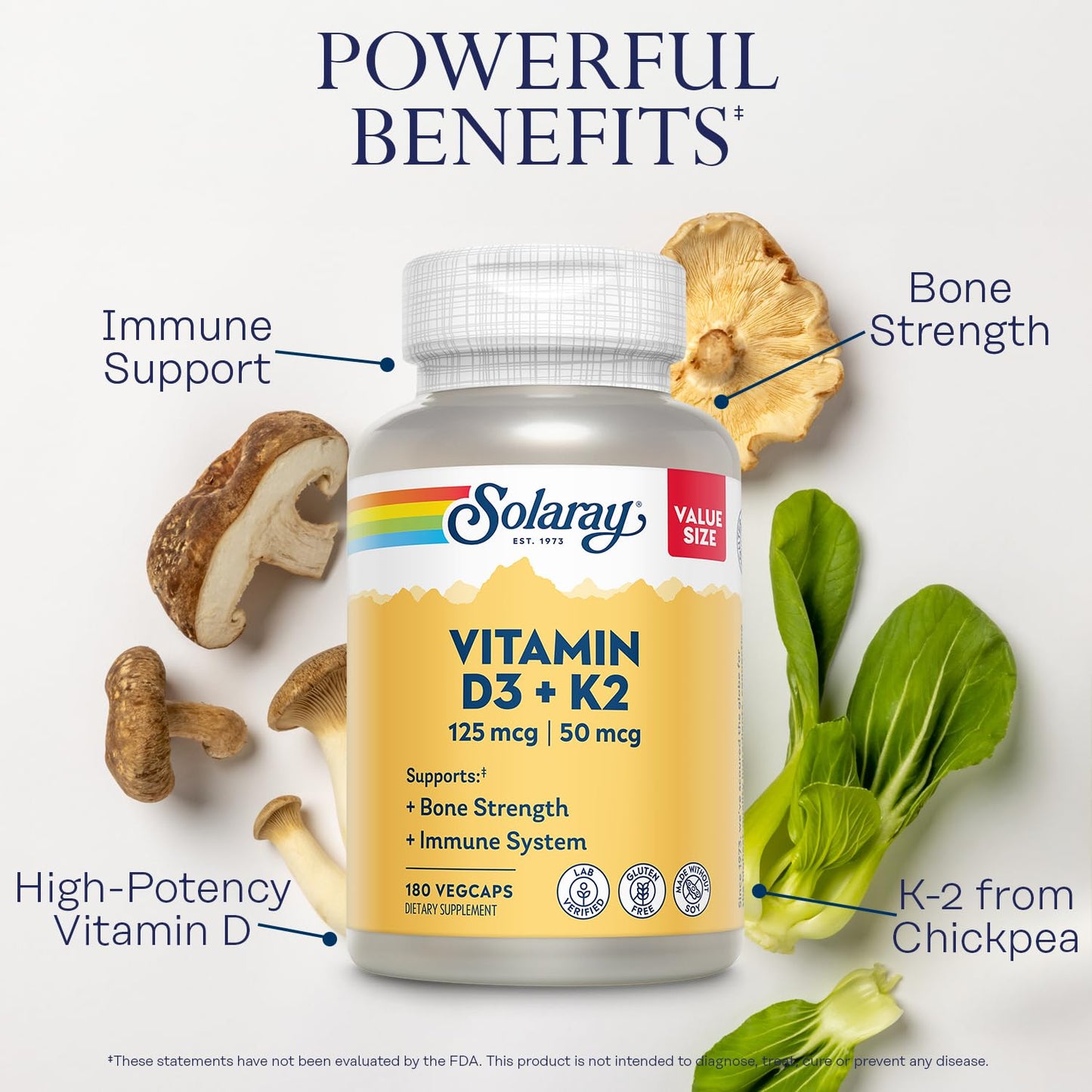SOLARAY Vitamin D3 K2 - Bone Health and Immune Support Capsule, 180 Count