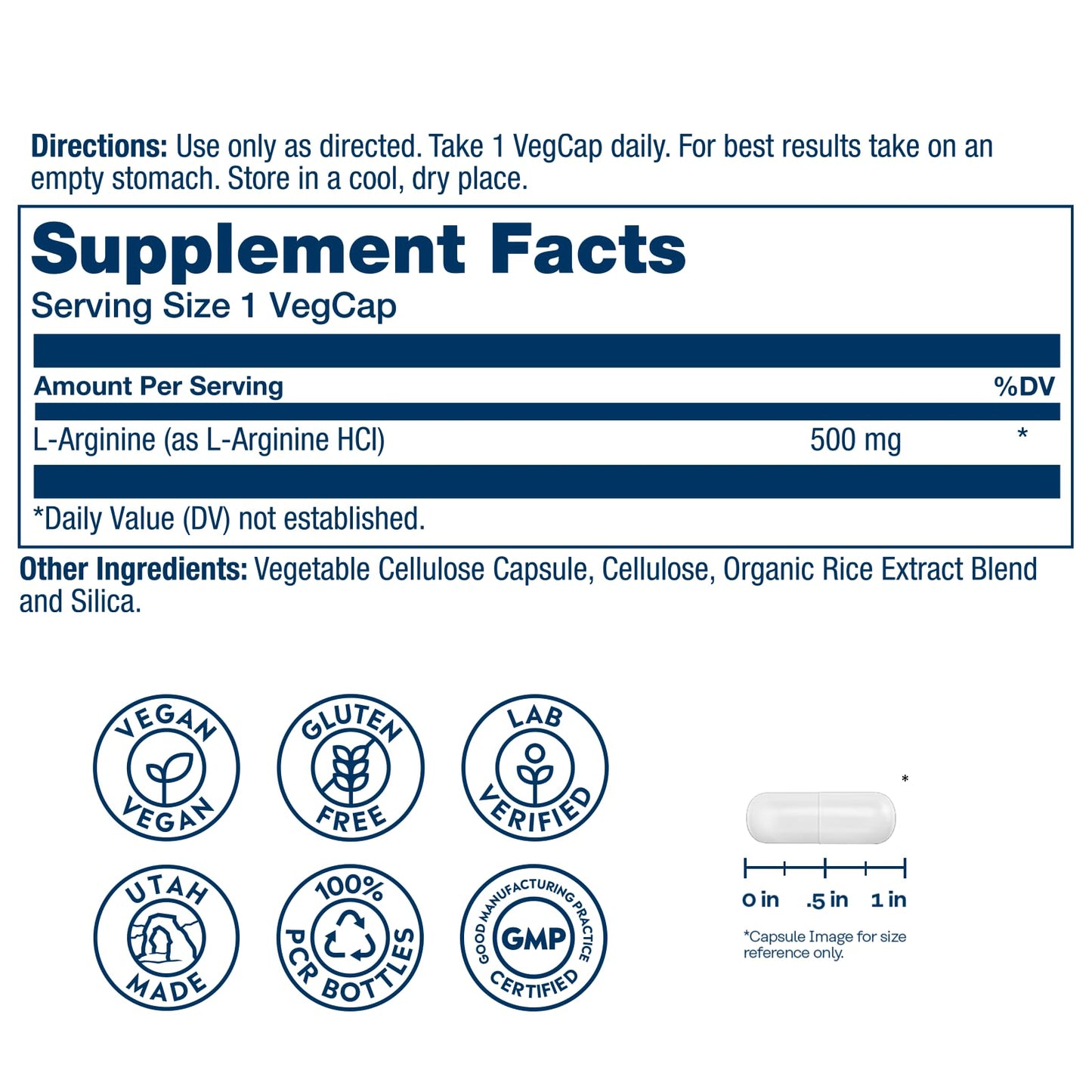 SOLARAY L-Arginine 500 mg Nitric Oxide Supplement, Endurance, Energy, Heart Health Support, Capsules, 100 VegCaps