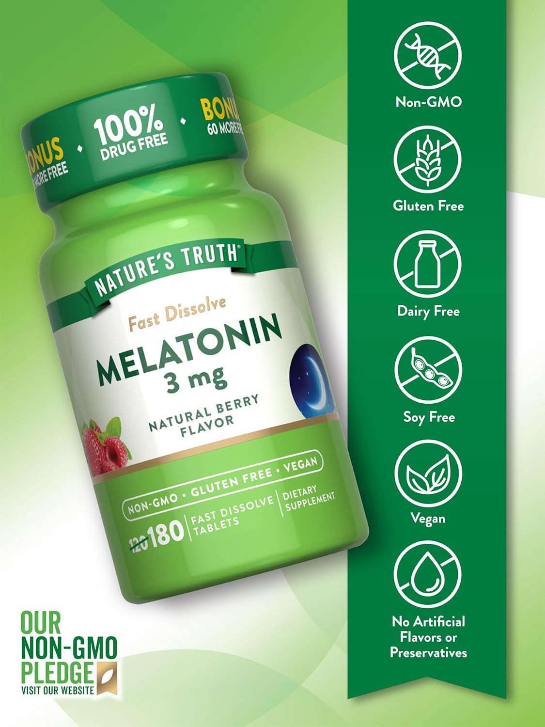 Nature's Truth Melatonin 3 mg Fast Dissolve Tablets Natural Berry Flavor, 540 Tablets