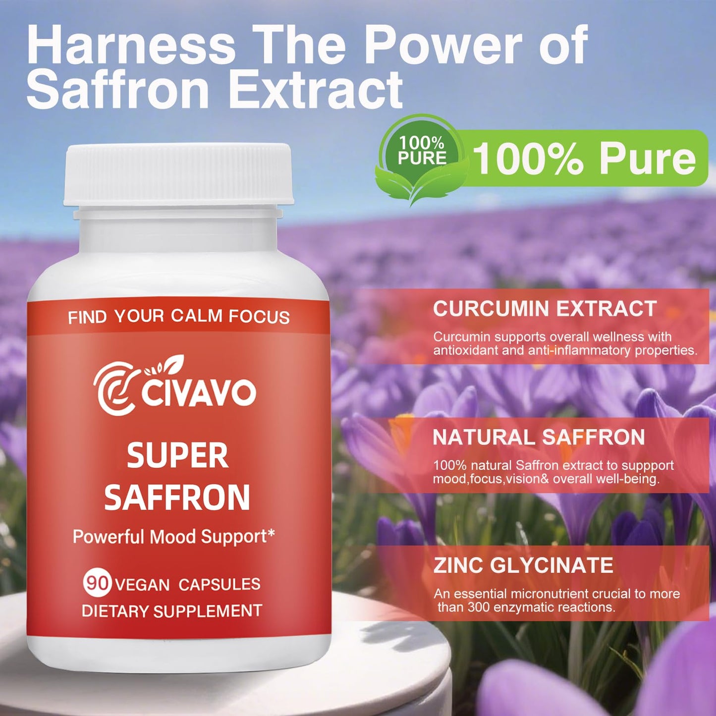 Civavo Saffron Supplements with Curcumin & Zinc Capsules, 90 Count
