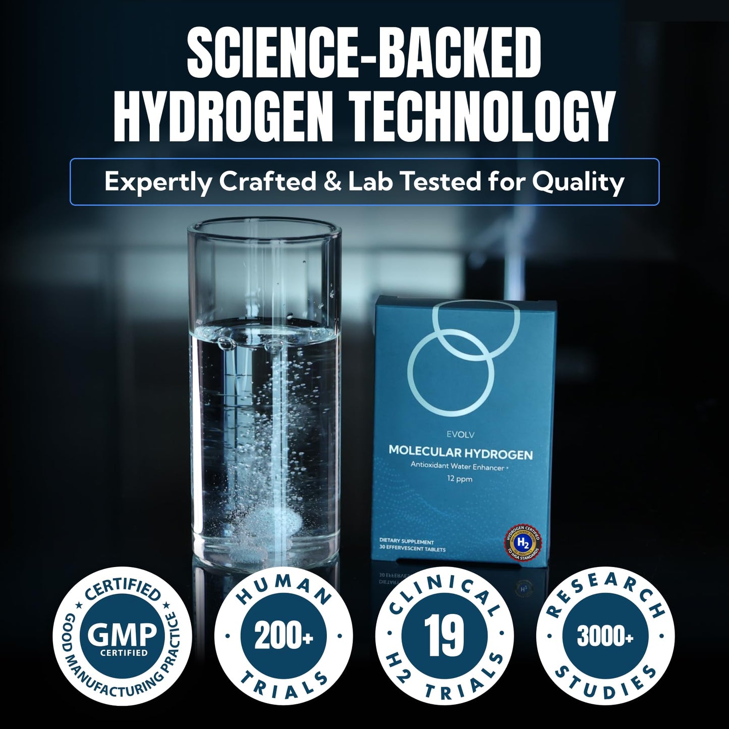 EVOLV Hydrogen Water Tablets, 12 PPM Molecular Hydrogen for Hydrogen-Rich Drinking Water, with Magnesium & Calcium, 30 Tablets