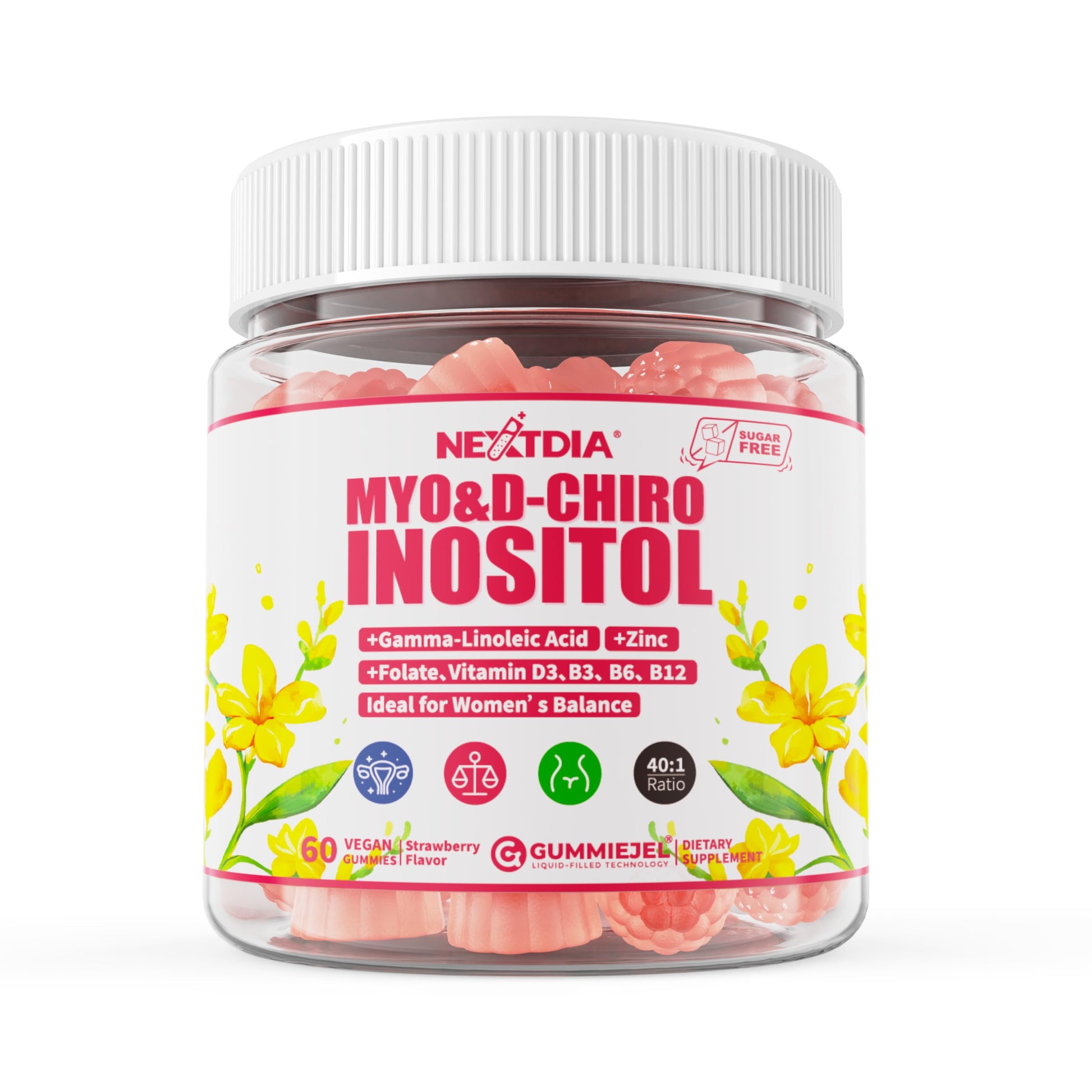 Nextdia Inositol Filled Gummies for Women, 40:1 Ratio Myo-Inositol 2000mg & D-Chiro Inositol 50mg + Evening Primrose Oil