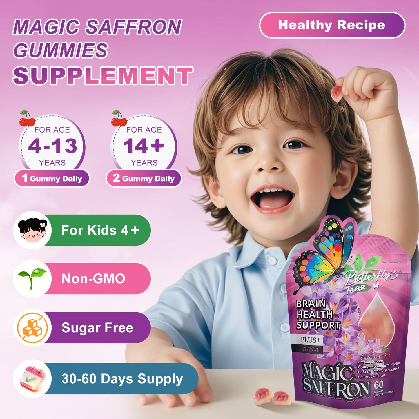 BUTTERFLY'S TEAR Saffron Gummies for Kids & Adults, 12-in-1 Saffron Supplements with 90mg Saffron Extract, Mixed Berry Flavor, Sugar Free, Vegan, Non-GMO, 60 Gummies