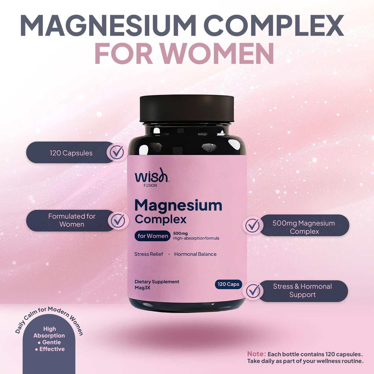 Wish Fusion Magnesium Complex for Women 500mg Capsules, 120 Count