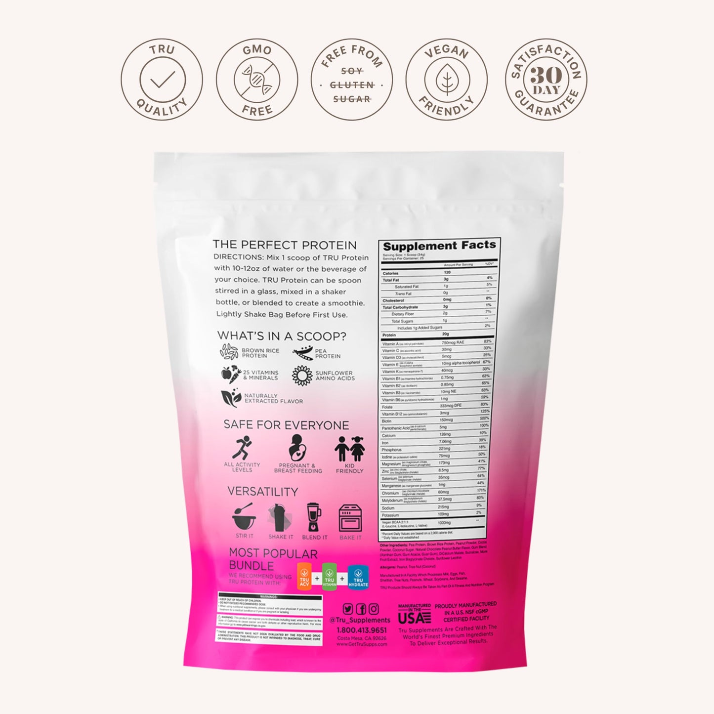 TRU Supplements Plant Based Protein Powder, BCAA, EAA, 20g Vegan Brown Rice & Pea Protein, 100 Calories, 27 Vitamins, No Artificial Flavors, Chocolate Peanut Butter, 26.4 oz
