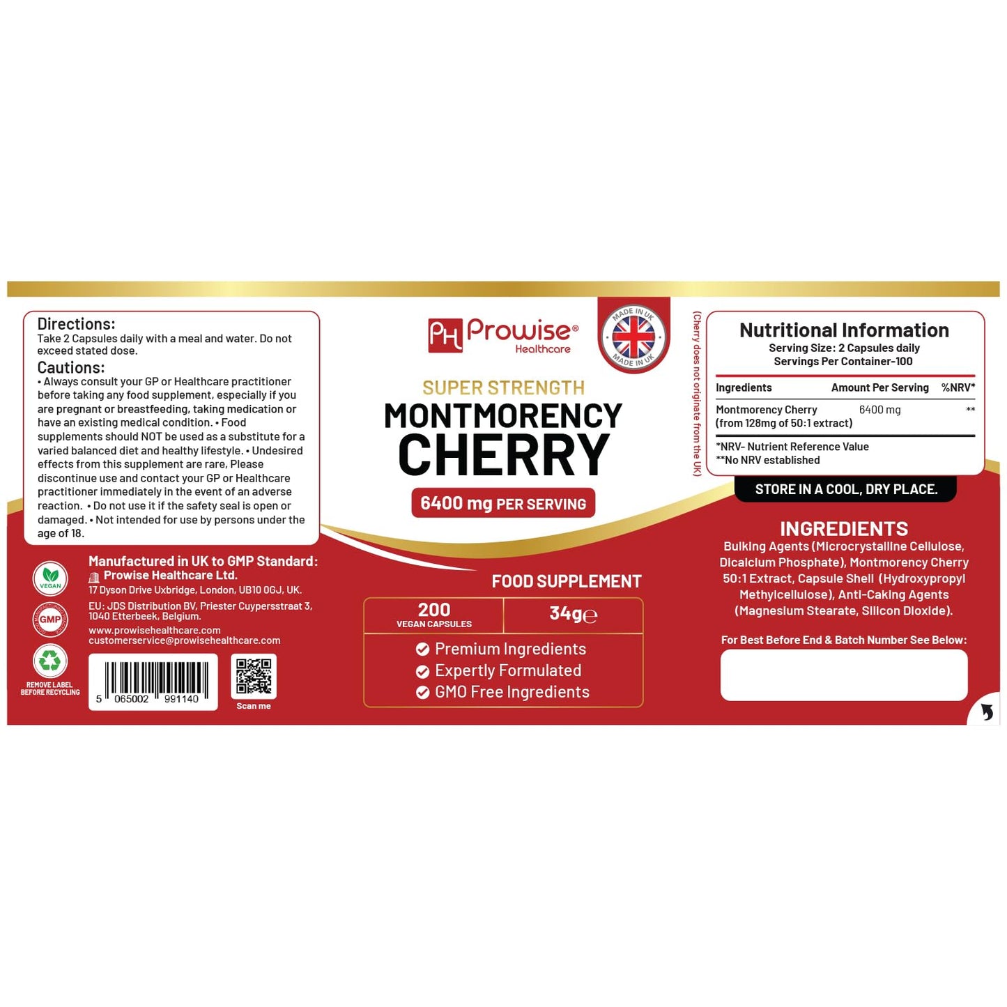 PH PROWISE Healthcare Montmorency Cherry 6400mg Tart Cherry Capsules, 200 Count