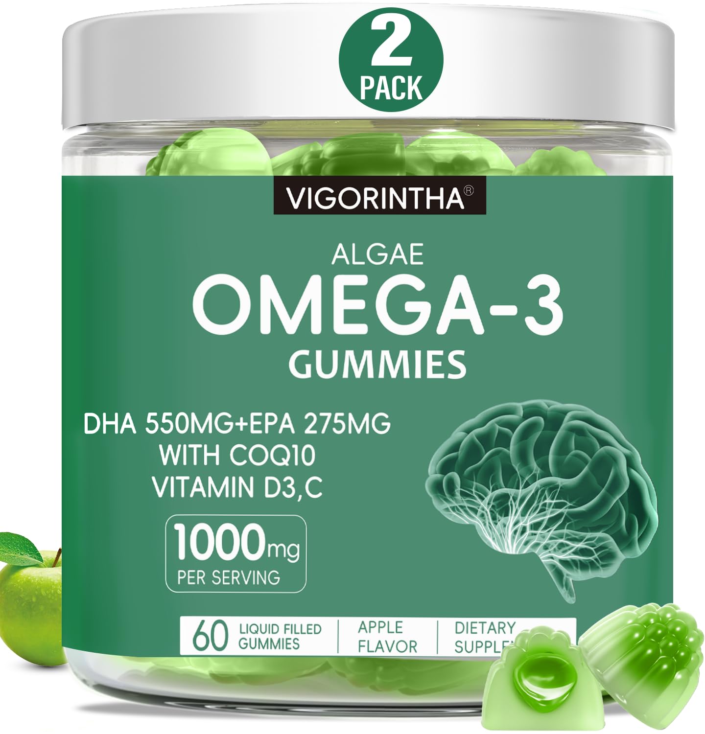Vigorintha Vegan Omega-3 Algae Oil Gummies with DHA 300mg & EPA 150mg, Vitamin D3 & K2, 120 Count
