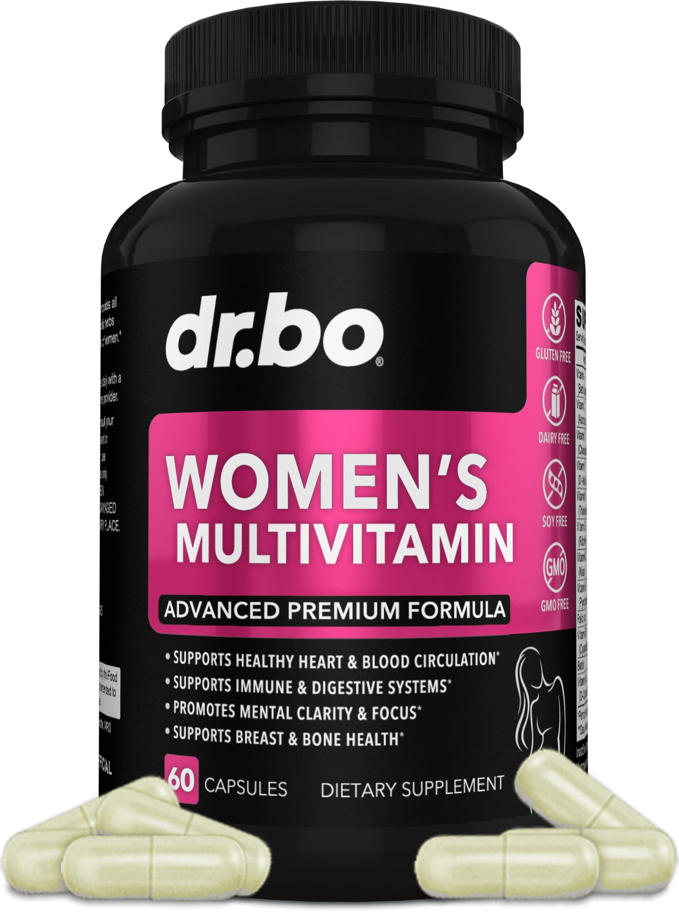 DR. BO Womens Multivitamin, Natural Daily Multivitamins for Women, Magnesium Plus Zinc, Multimineral Health Supplement, 60 Capsules