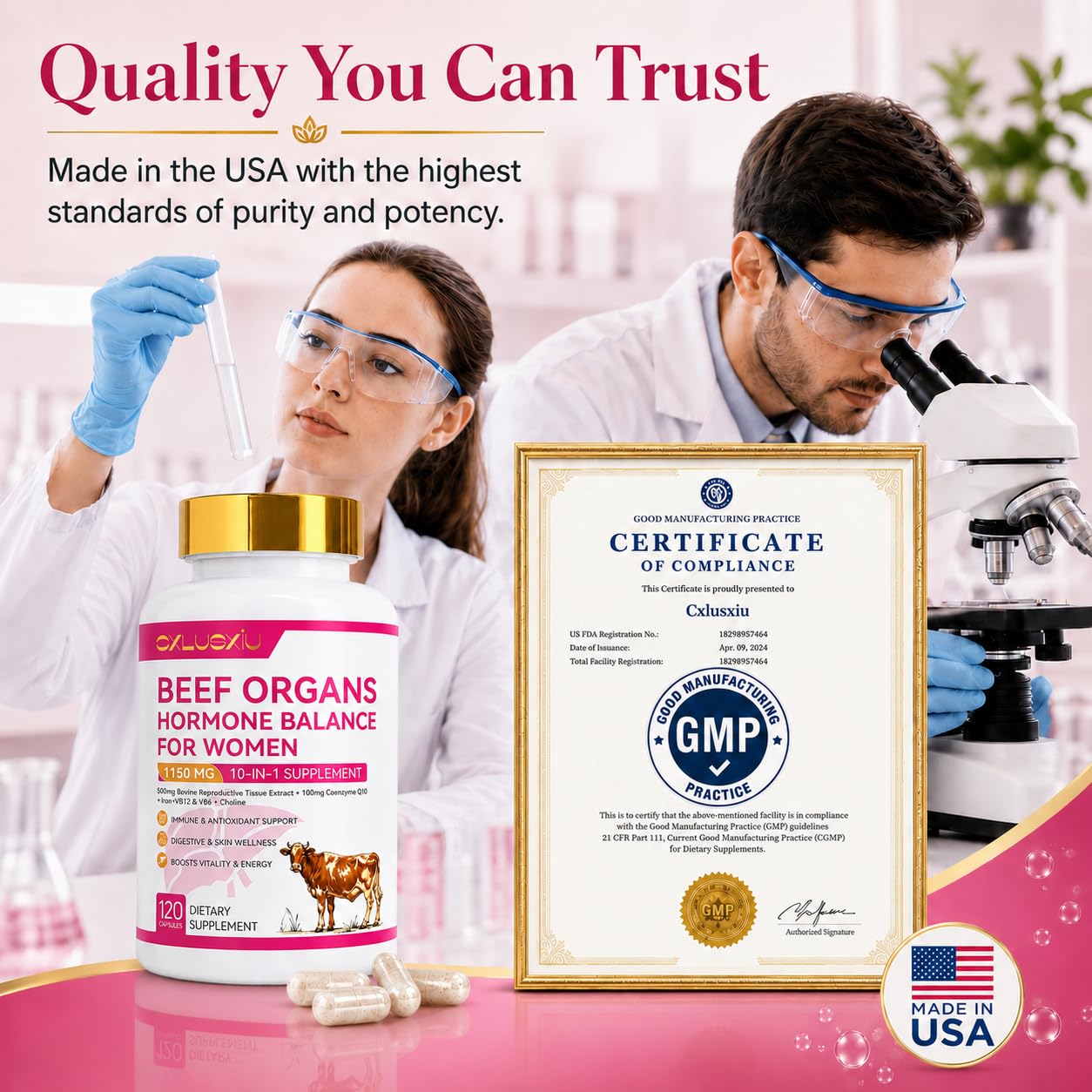Cxlusxiu Beef Organ Capsules for Women, Grass-Fed Beef Liver, Female Glandular Support, Iron, CoQ10, Choline, B12 & B6, 120 Capsules