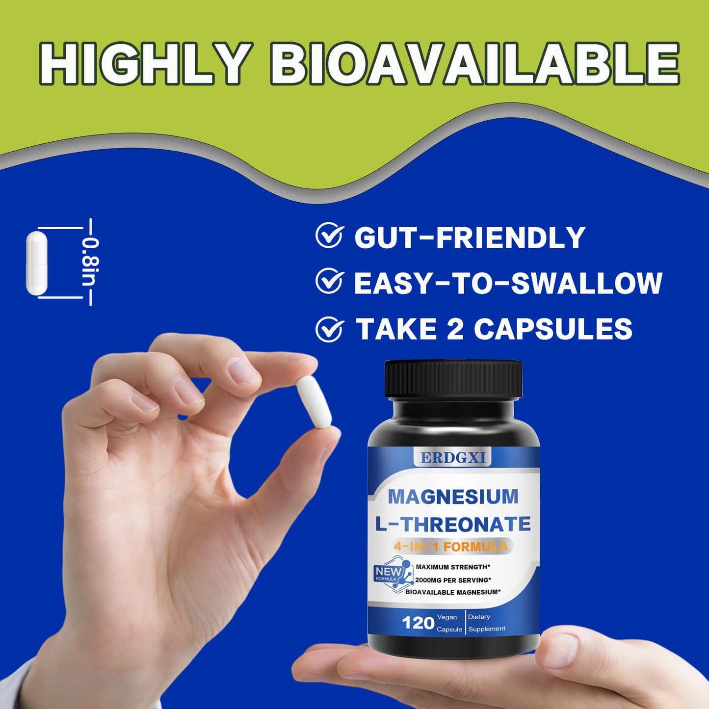 ERDGXI Magnesium L-threonate with Vitamin C & D3 Capsule, 120 Count