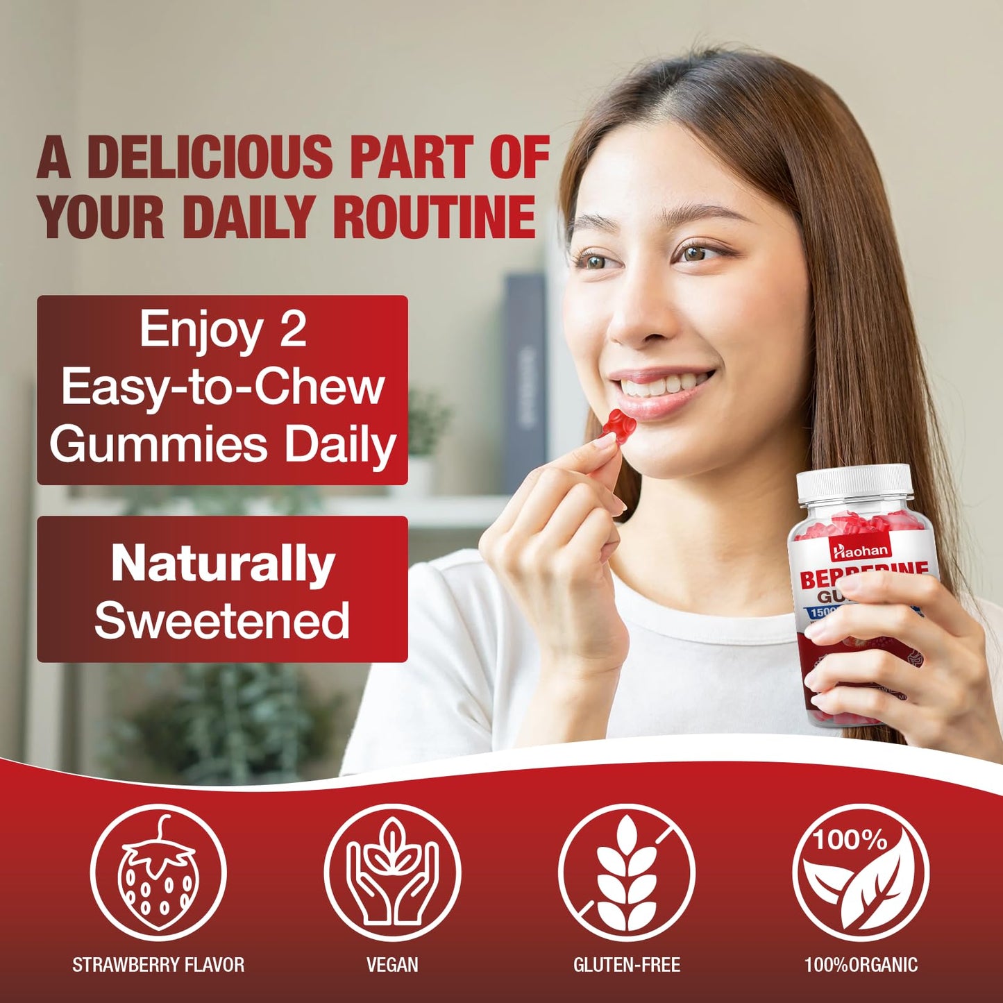 Haohan Berberine Gummies, 1500mg High Potency Berberine HCl, Ceylon Cinnamon & Milk Thistle, Immune System & Metabolism Support, Vegan, Strawberry Flavor, 120 Count