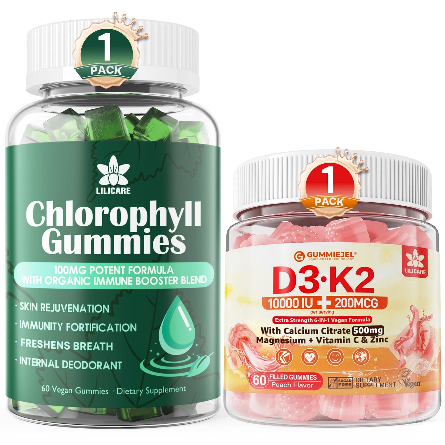 LILICARE Chlorophyll Gummies + Vitamin D3 K2 Gummies, 120 Count