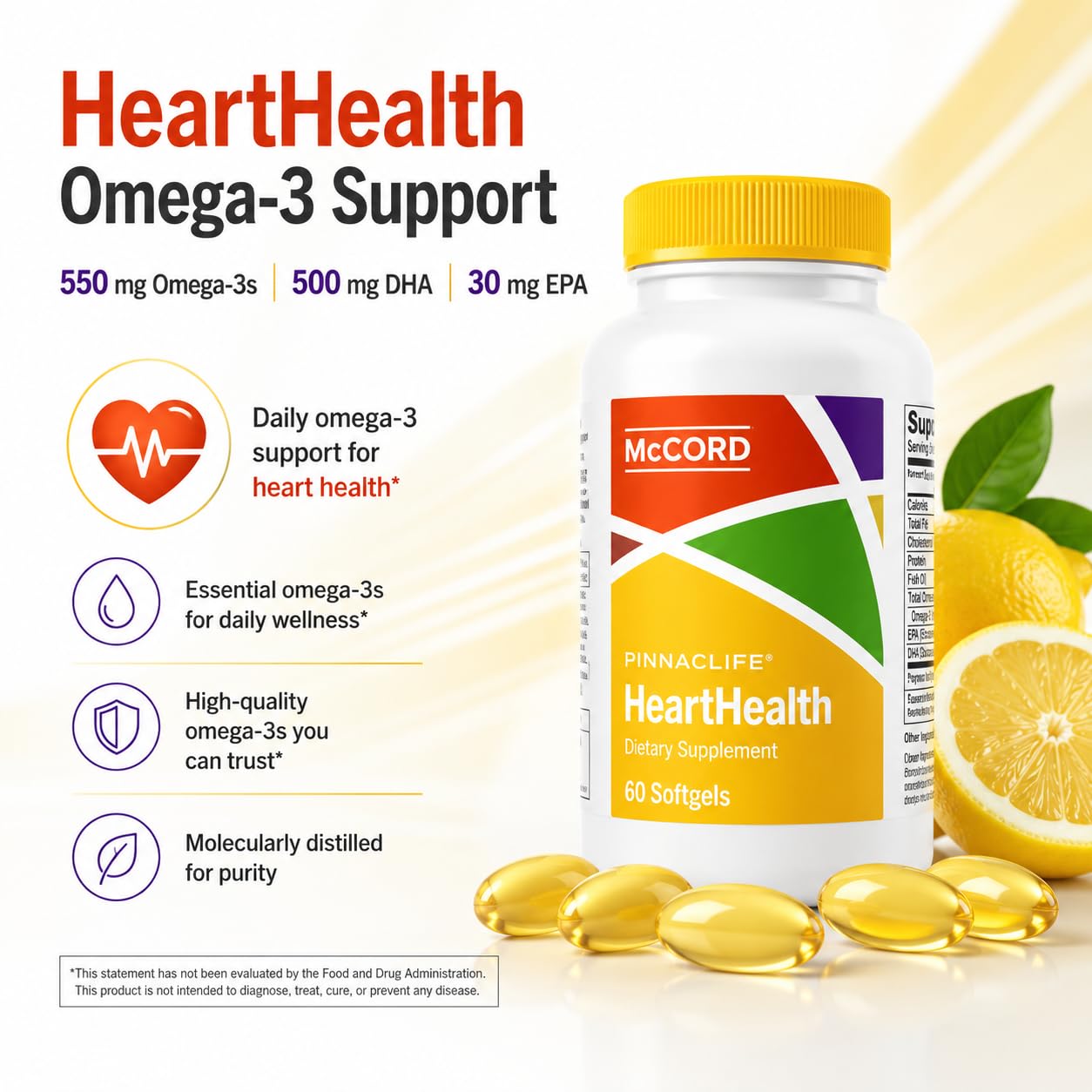 Pinnaclife McCord HeartHealth Omega-3 Fish Oil with Lemon Softgel 60 Count