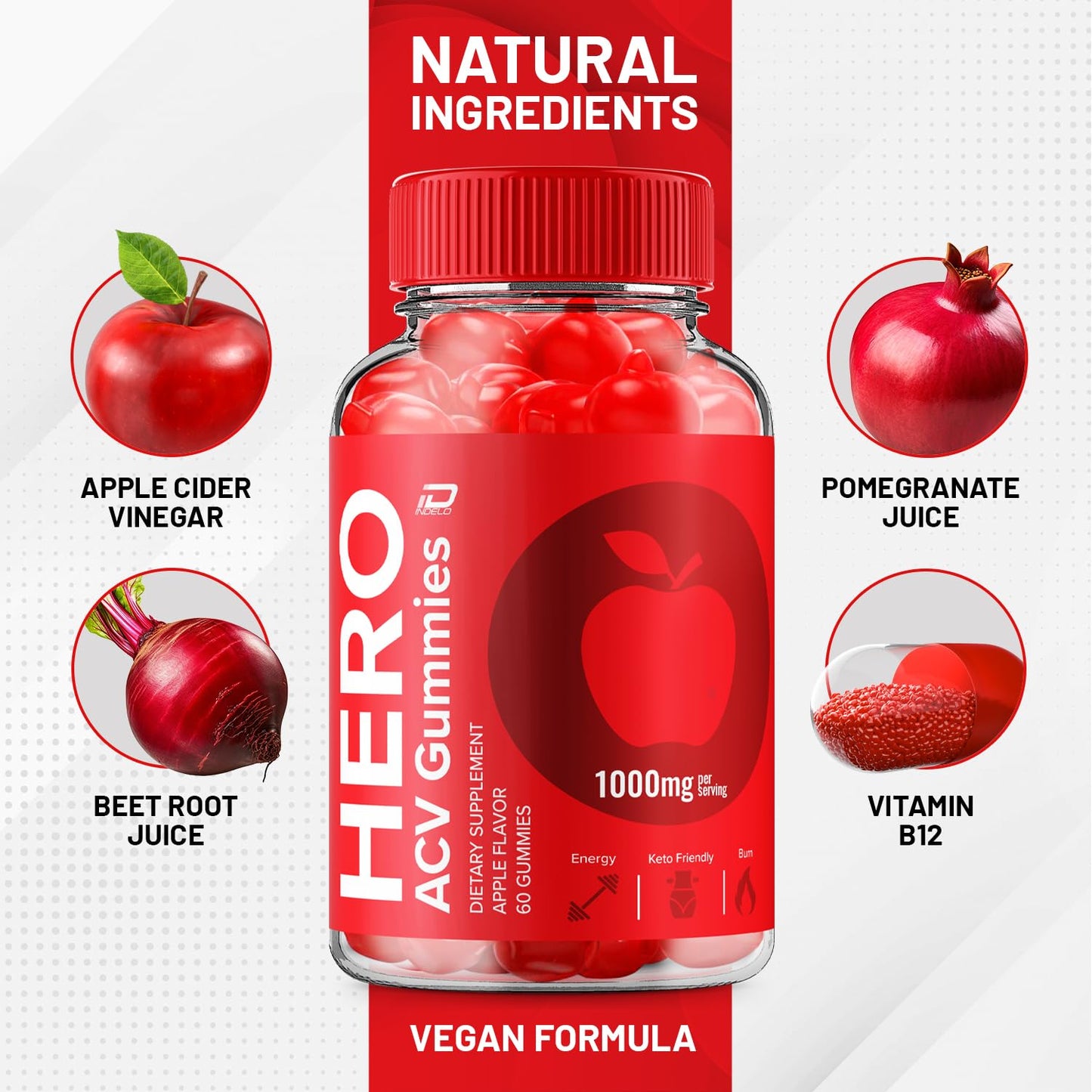 Indelo Hero ACV Gummies with Vitamin B12, Apple Cider Vinegar 1000mg, Weight Management, 120 Gummies
