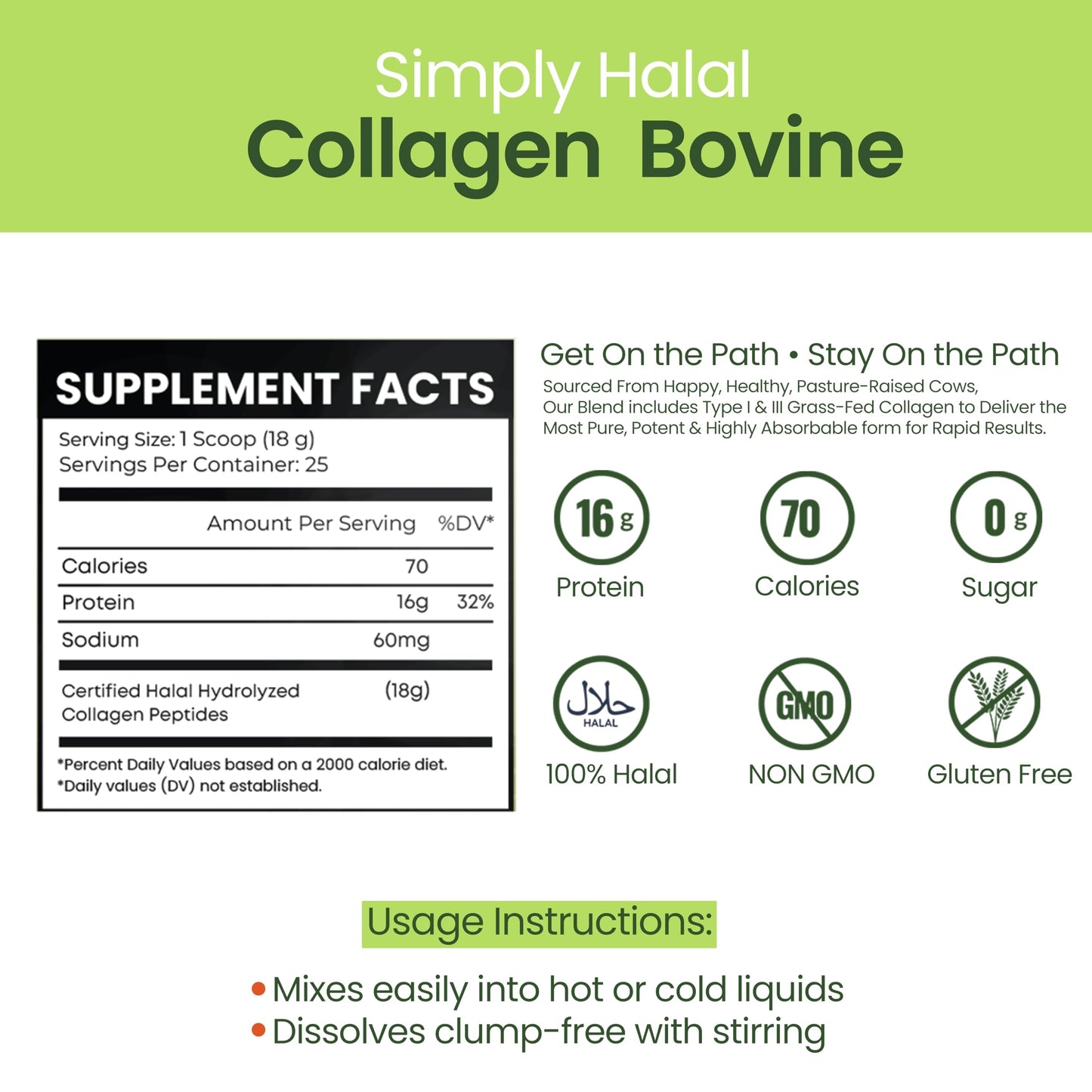 Simply Halal Collagen Bovine Powder for Women & Men Type I & III for Hair, Skin, Nail, Joint & Digestive Support – Grass-Fed, Unflavored, 16 oz